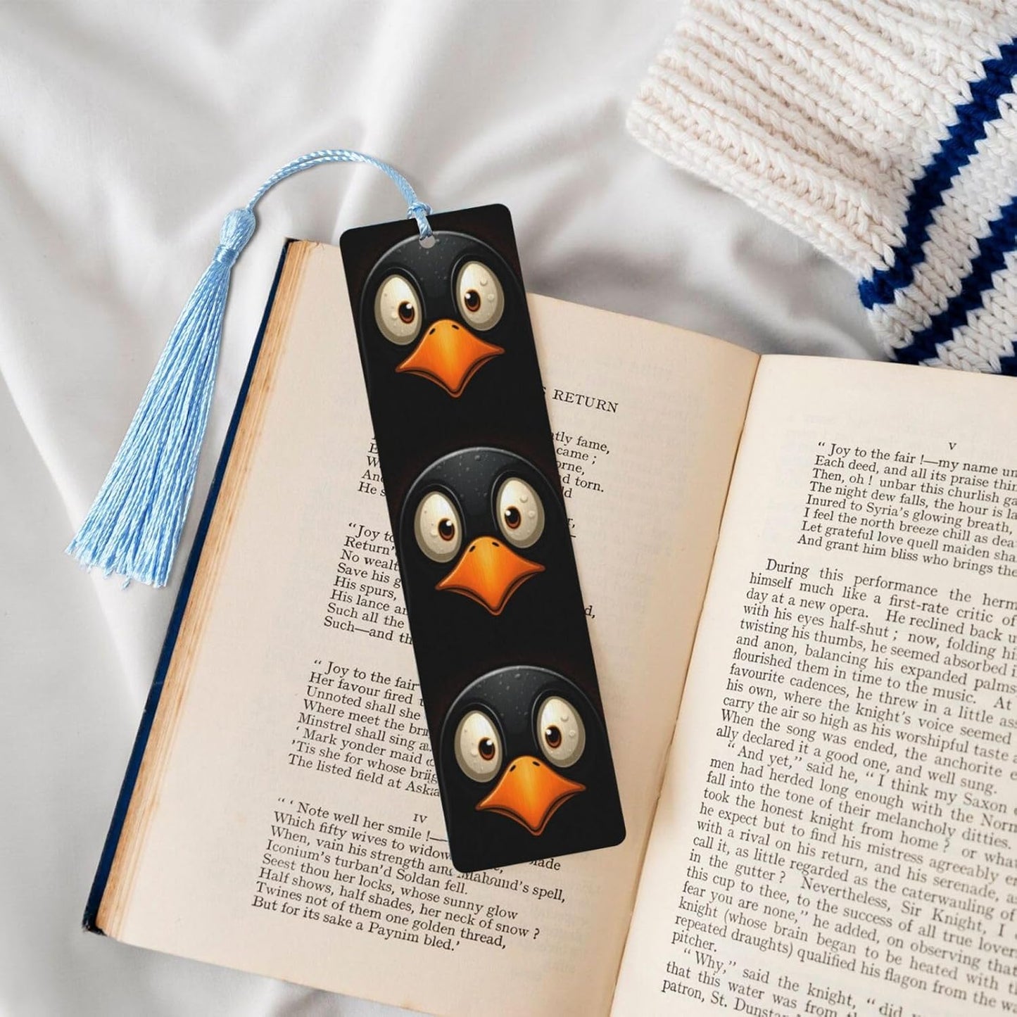 Penguin Head with Big Eyes Bookmarks Gifts for Women Men, Wooden Bookmarks for Book Lovers, Vintage Book Marks Ornaments with Tassel, Unique Personalized Reading Page Markers Sky Blue