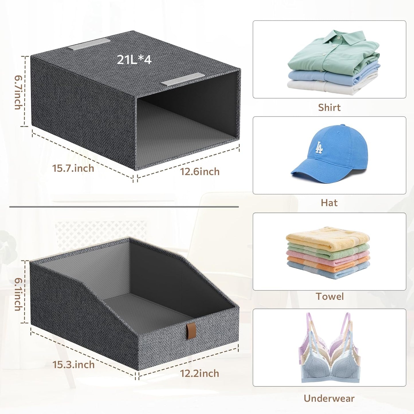 4-Pack Storage Bins with Drawers Large Closet Organizers and Storage Stackable Fabric Clothes Storage Box Collapsible Closet Drawers Organizer for Bedroom Living Room Under Bed (Deep Grey, 21L*4)