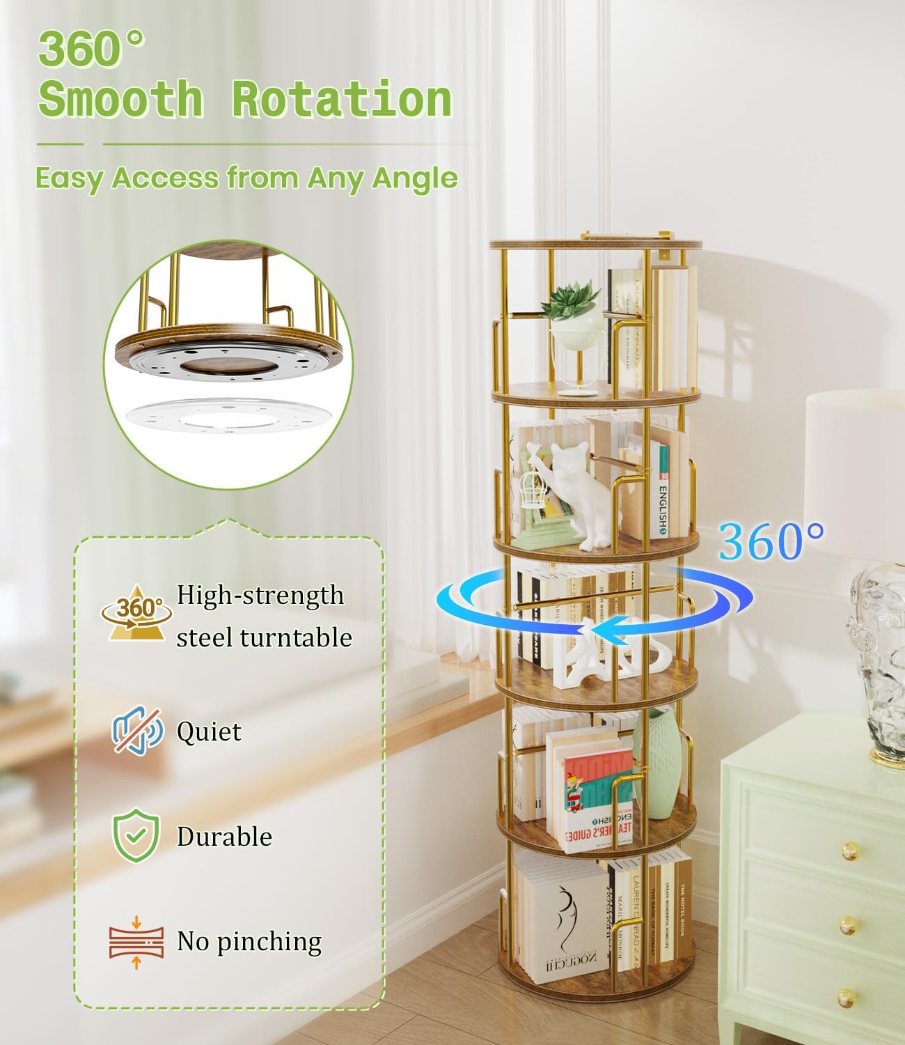 5 Tier Round Rotating Bookshelf Tower Gold,62” Tall Space Saving Spinning Bookshelf with Anti-Tipping Design,Metal Standing Revolving Bookcase Stackable for Small Spaces,Study,Living Room