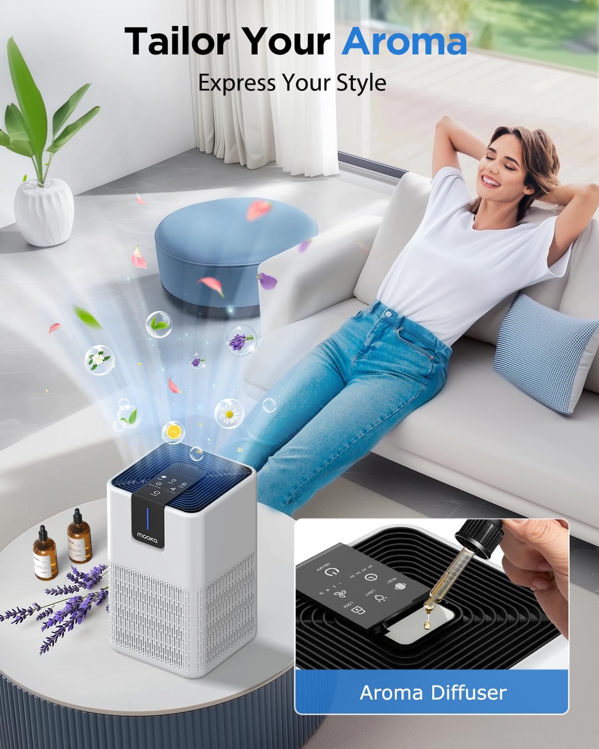 Air Purifiers for Home Large Room 1250 Ft²,MOOKA H13 HEPA Air Purifier for Pets Dust Odor Smoke,Aromatherapy Function,Air Cleaner with 15dB Quiet Sleep Mode for Bedroom Office Living Room,M05,White