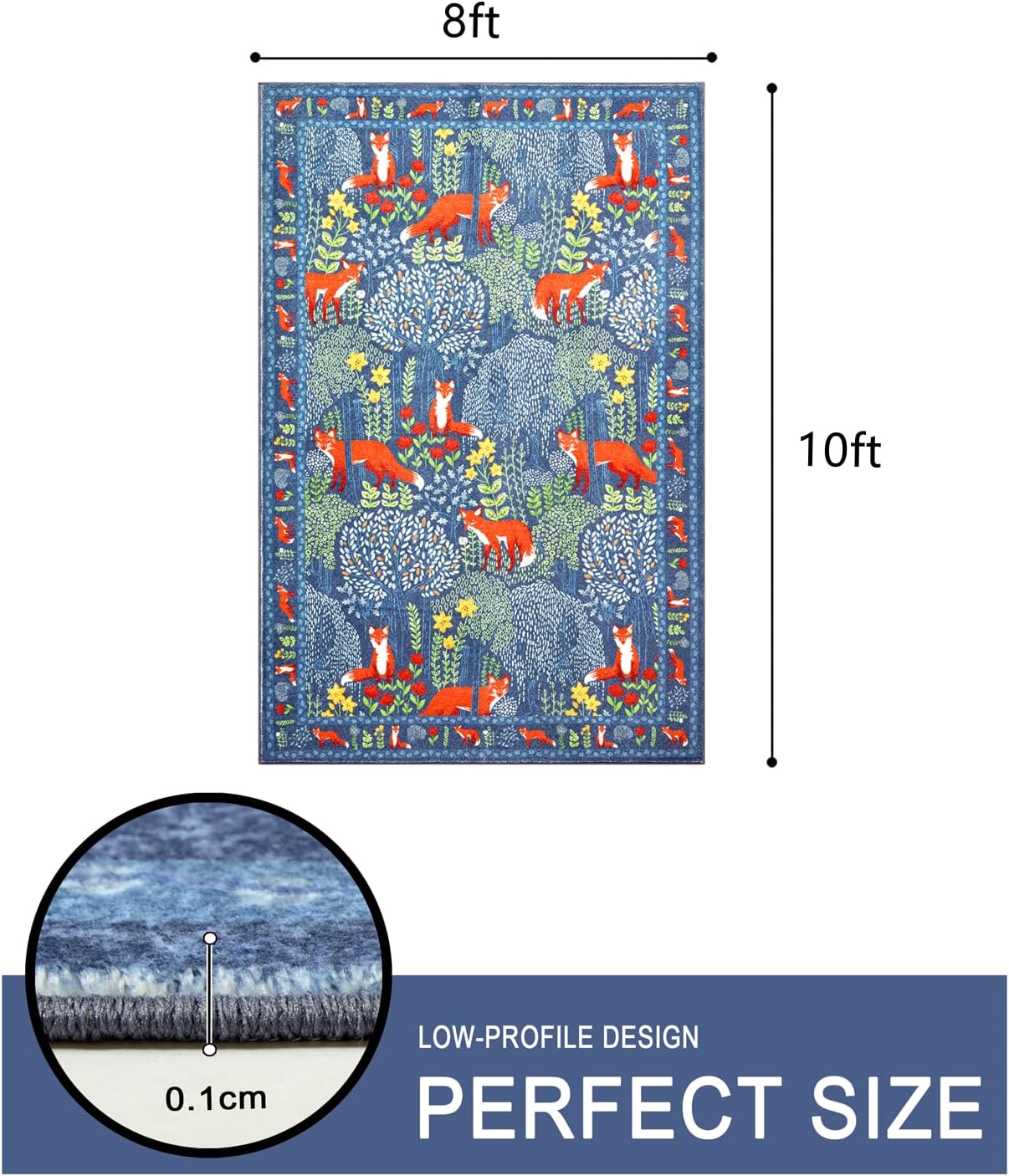 Cute Woodland Forest Living Room Rug Vibrant Blue Botanical Floral 8x10 Area Rug Washable, Whimsical Nature Animals Kids Rug Boho Vintage Aesthetic Carpet for Nursery Dining Room Entryway Bedroom