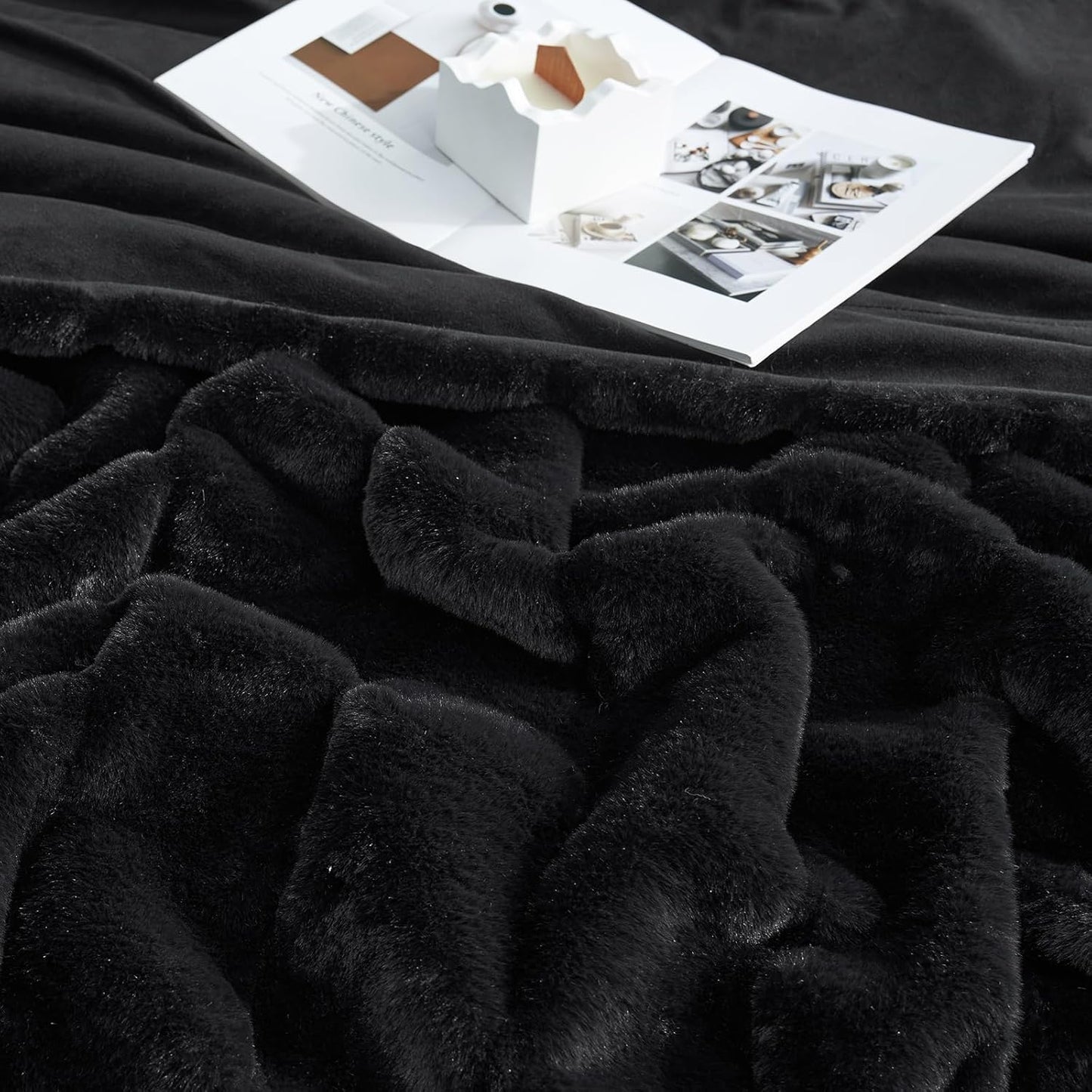 Cozy Bliss Deluxe Sheared Rabbit Faux Fur Throw Blanket, Soft Fuzzy High-Low Sculpted Plush Blanket for Couch, Cozy Home Accent, All Season Use, Black 60"x80"
