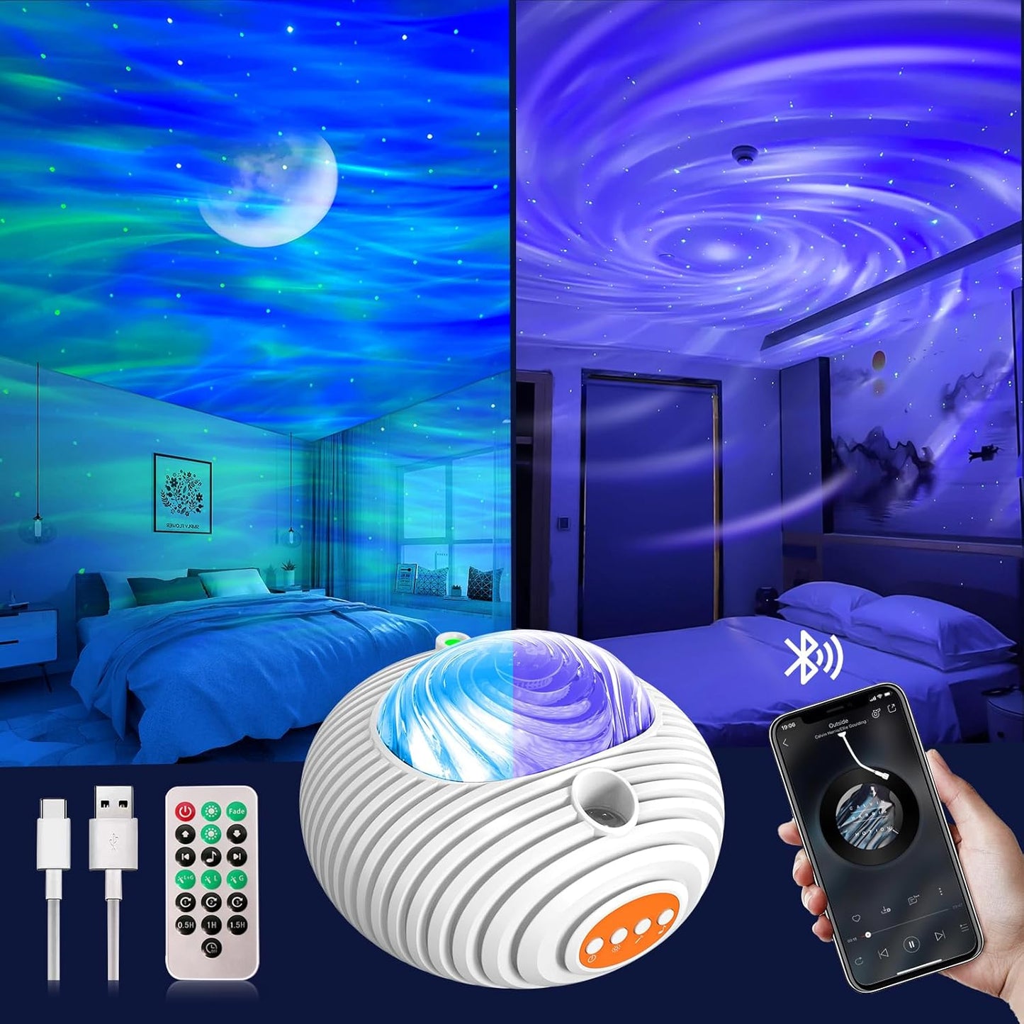 Star Projector, Double Effect Galaxy Projector Aurora and Milky Way Star Projector Galaxy Light with Bluetooth Speaker/Timer/Remote Night Light Projector for Kids, Adults etc
