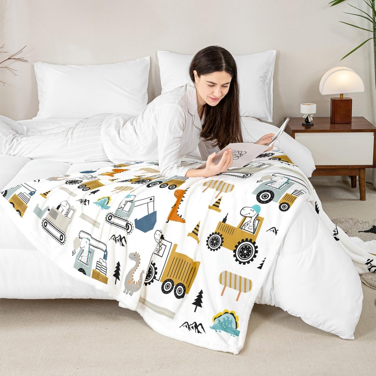 Construction Sherpa Twin 60"x80" Equipment Trucks Fleece Throw Blanket for Kids Boys Girls Decor Dinosaur Plush Blanket 3D Digital Print Yellow Fuzzy Bedroom