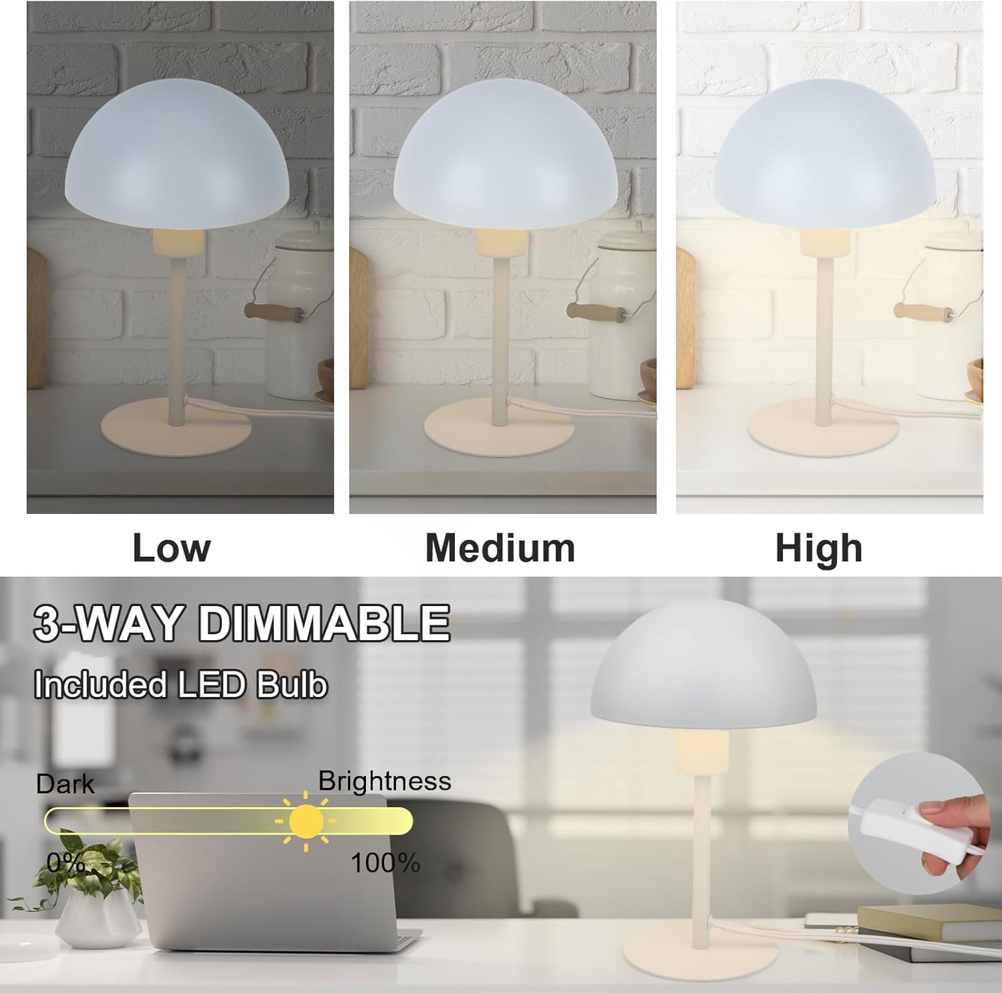 Mushroom Lamp Small Bedside Table Lamp, Retro Vintage Table Lamps Dimmable Nordic Reading Lamp Night Light for Bedroom Living Kitchen, Gifts (White)