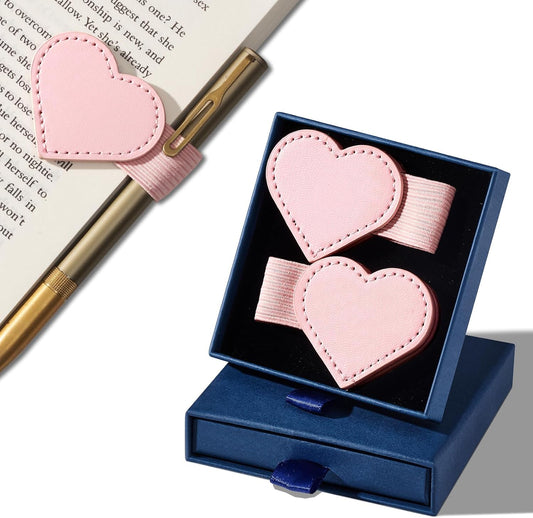 2Pcs Magnetic Leather Bookmarks with Gift Box Heart-Shaped Magnetic Pen Holder Book Marks Clip Gift for Book Lover Readers Cute Bookmark for Women, Pink