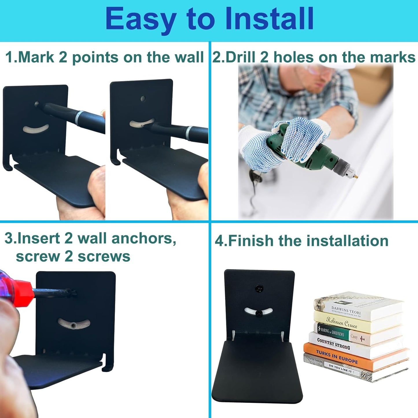 Invisible Floating Bookshelves Wall Mounted, Heavy-Duty Book Organizers, Iron Wall Mount Storage Shelves for Bedroom, Living Room, Classroom, Office, Library (Black,2 Pack)