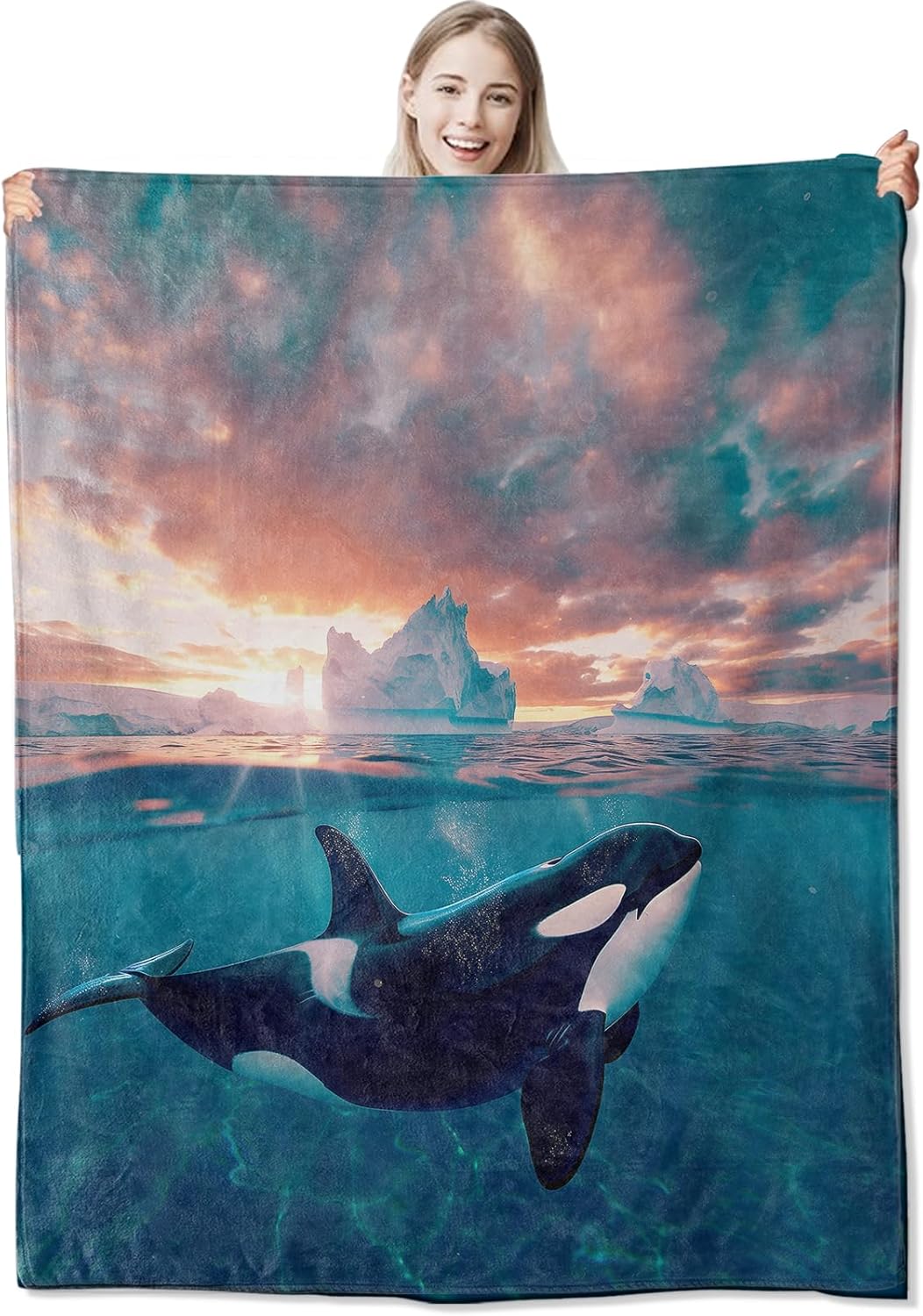 Orca Ocean Flannel Throw Blanket 50x60 Inch, Realistic Killer Whale Underwater with Iceberg and Sunset Sky Blankets Soft Cozy Fleece Throws for Marine Lover Bed Sofa Living Room Decor Gifts