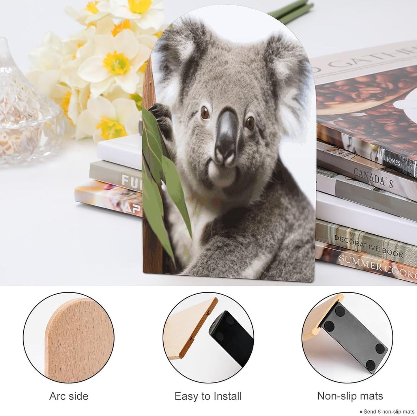 Koala Bear Bookend for Shelves Wooden Book End Large Size Sturdy Book Holders Stoppers with Metal Base for Bookshelves Slick Decorative Bookends Stands