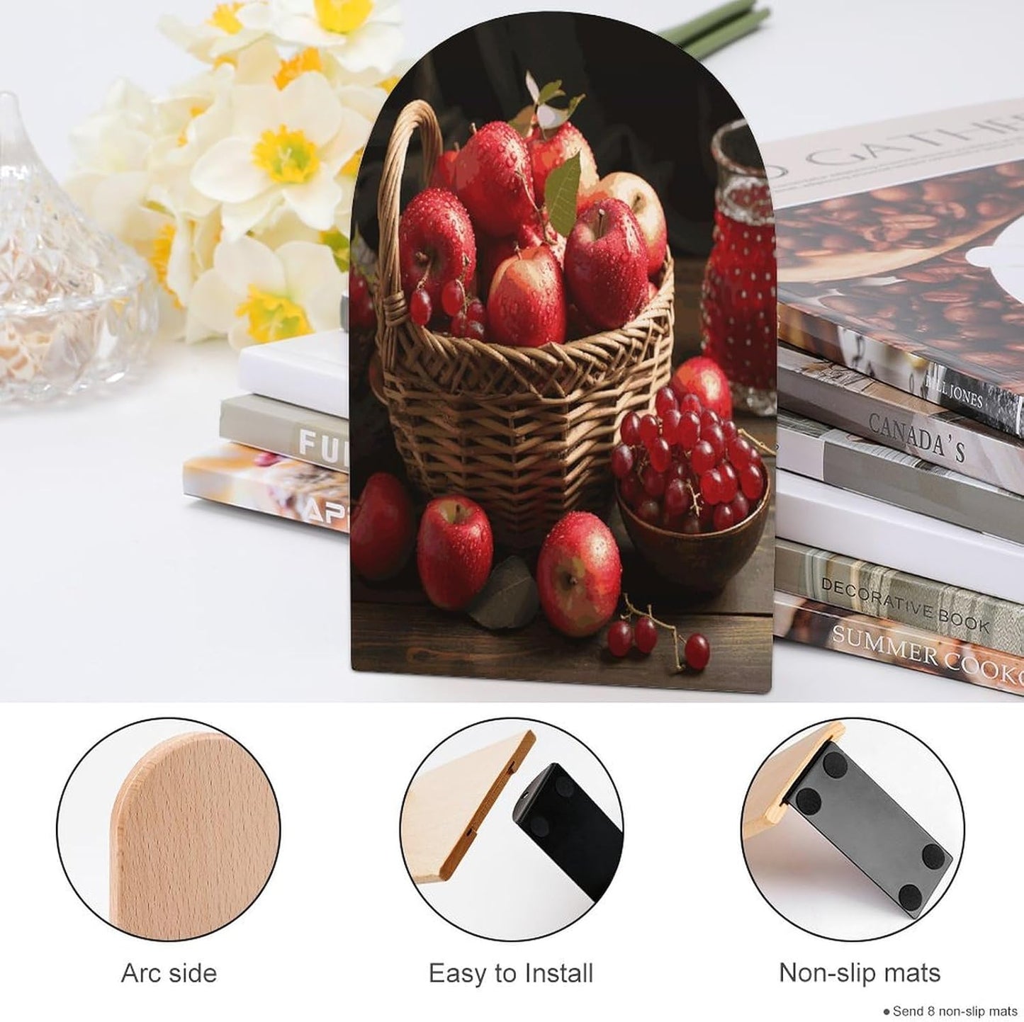 Red Fruit in A Basket Bookend for Shelves Wooden Book End Large Size Sturdy Book Holders Stoppers with Metal Base for Bookshelves Slick Decorative Bookends Stands