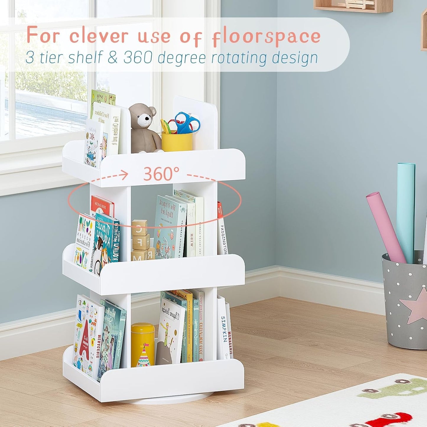 Spirich Kids Rotating Bookshelf Tower, Spinning Bookcase Lazy Susan with Book Display, 3 Tier Revolving 360 Book Shelf Storage, Vertical Rotate Turning Corner Organizer, White