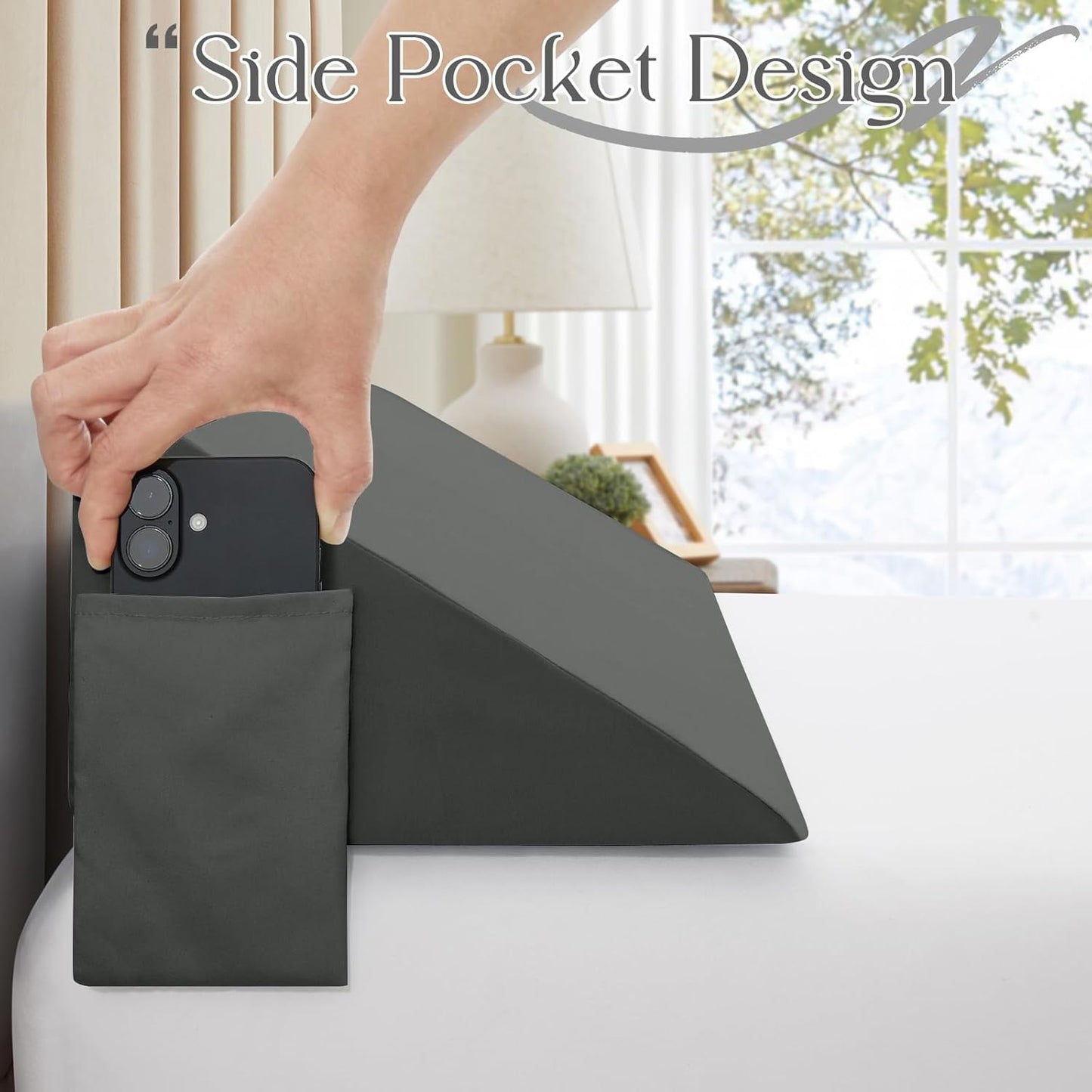 INVGEEXI Dark Grey Queen Size Bed Wedge Pillow Cover with Side Pocket, Soft & Breathable Microfiber Headboard Wedge Pillow Case Cover for Headboard Gap, 60" L x 10" W x 6" H (Pillow Not Include)
