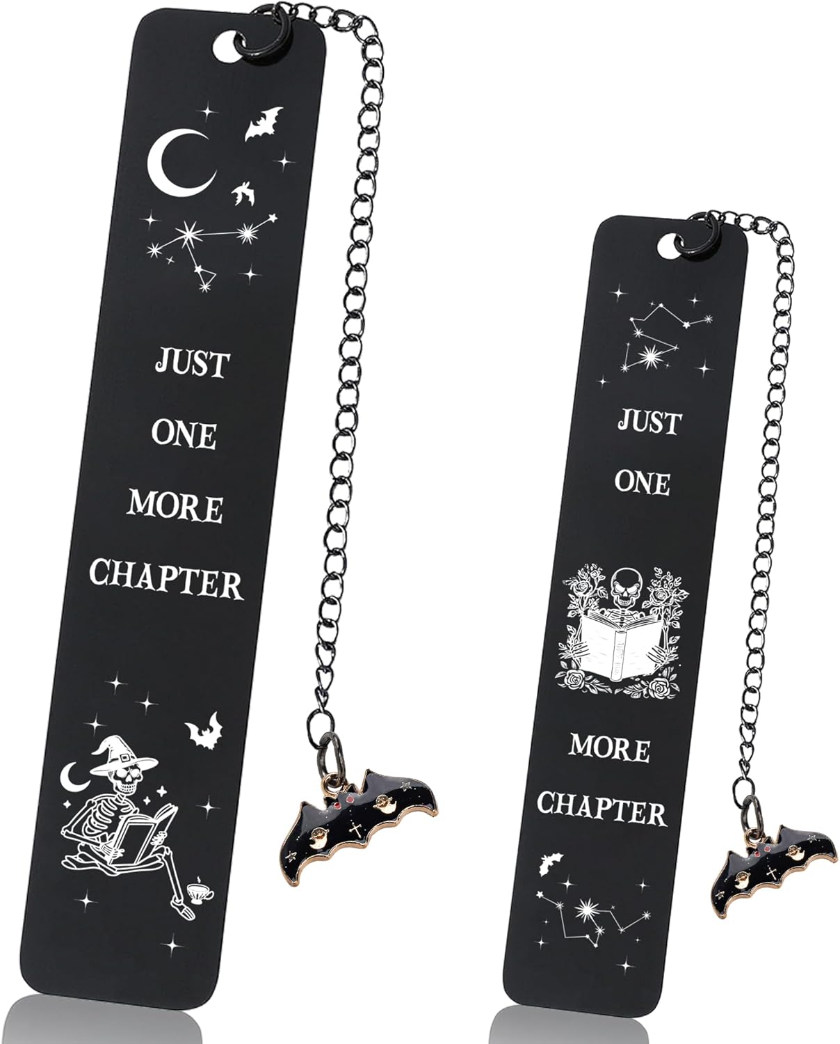 Gothic Skeleton Metal Bookmark Gifts - Just One More Chapter Bookmarks for Readers, Funny Book Lover Present for Birthday Halloween Christmas Graduation (Black)