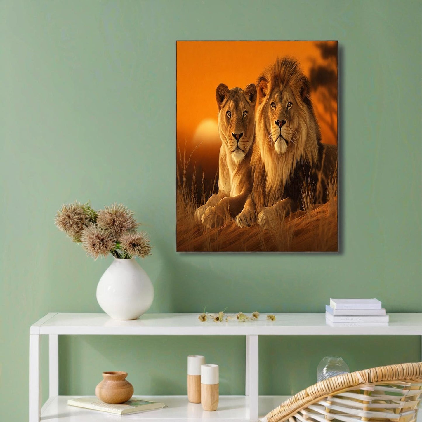GDJSMIN Realistic Art Style Wall Art, Orange Sunset Lion Poster For Reading Room Living Room Decor 24 X 36 Inch Unframed