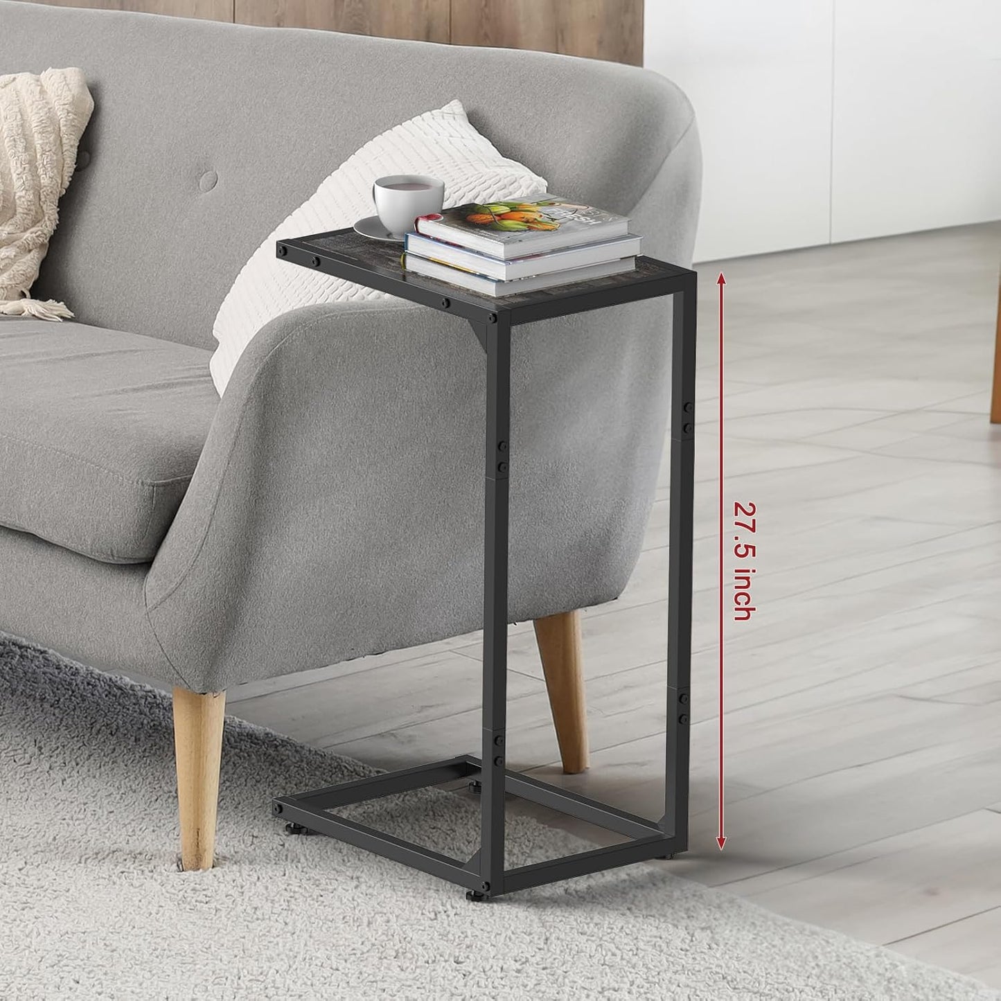 C Shaped End Table Living Room Set of 2 Tray Tables with Metal Frame for Small Spaces, Side Table for Couch Slide Under Sofa, Bedroom, Dark Gray