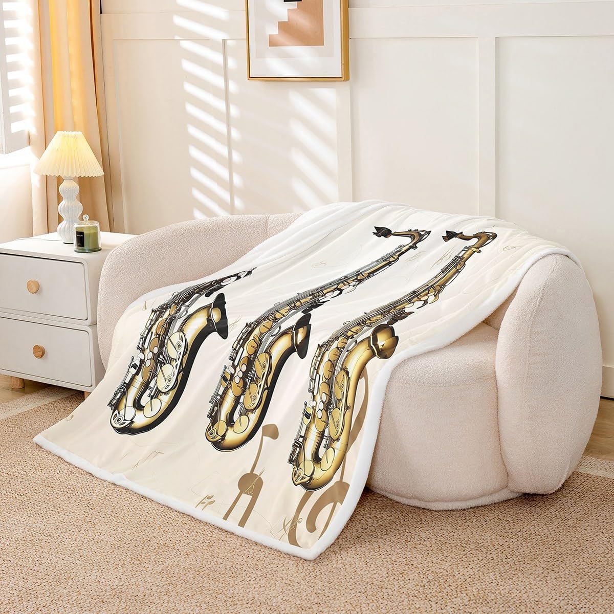 Feelyou Music Sherpa Blanket Saxophone Plush Blankets and Throws for Kids Boys Girls Melody Notes Fleece Throw Blanket Classical Musical Instrument Quilt Cover 60" x 80"