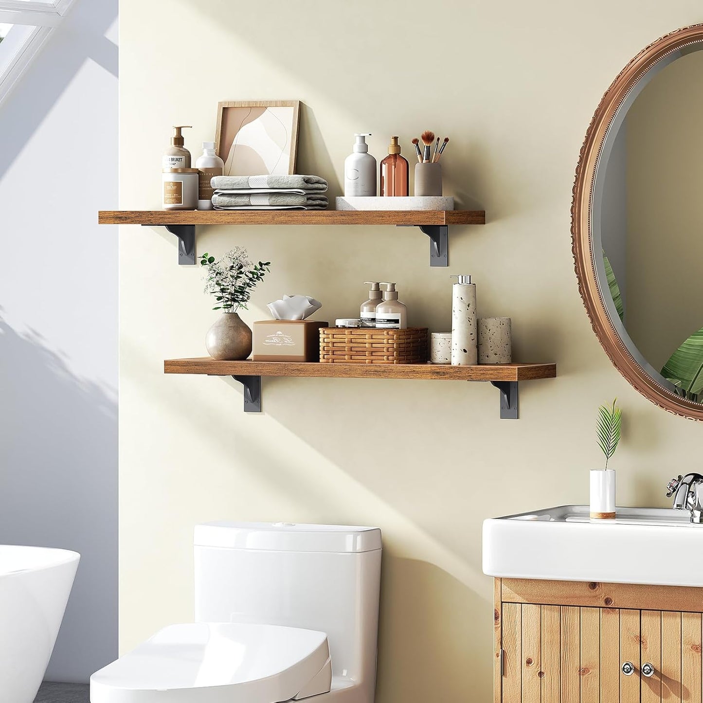 HOOBRO Floating Shelves for Wall, 23.6" Wall Mounted Shelves Set of 2, Hanging Storage Shelf with Metal Brackets, Wooden Shelf for Living Room, Bedroom, Bathroom, Rustic Brown and Black BF62BJP201G1