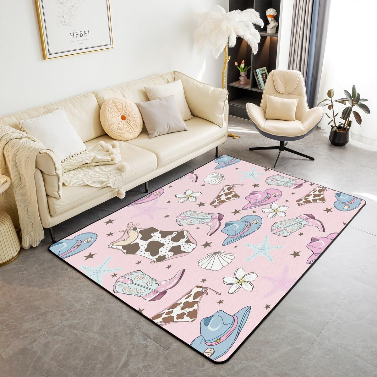 Erosebridal Cowgirl Area Rug 4'11" x 3'3" Boots Hats Living Room Rugs for Girls Women Cartoon Shell Starfish Summer Beach Floral Pink Blue Decorative Carpet Non Slip Indoor Floor Mat