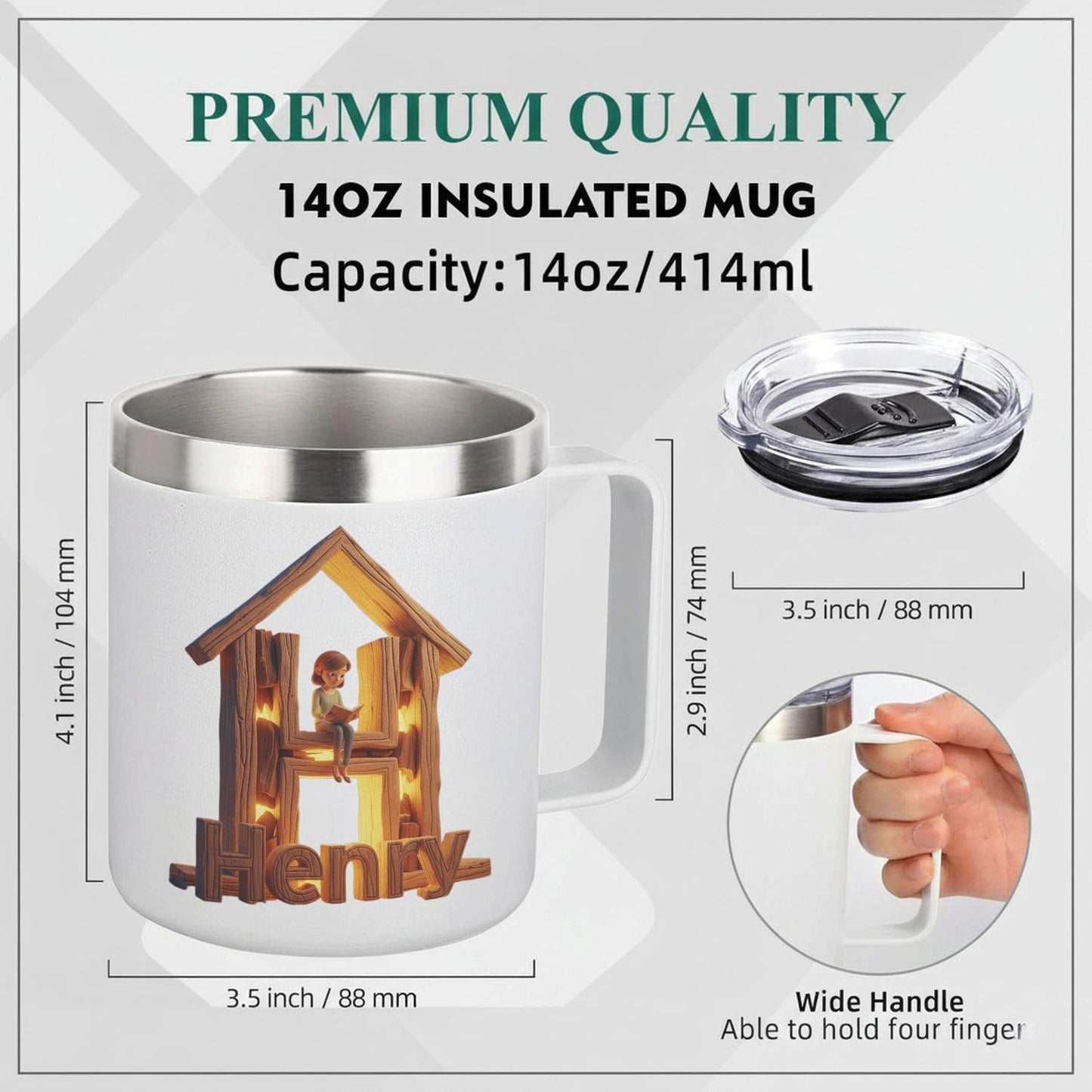 Personalized Book Lover Mug with Custom Name Initial H - 14oz Insulated Stainless Steel Coffee Cup with Handle and Lid - Cozy Reading Nook Design Gift for Readers, Bookworms