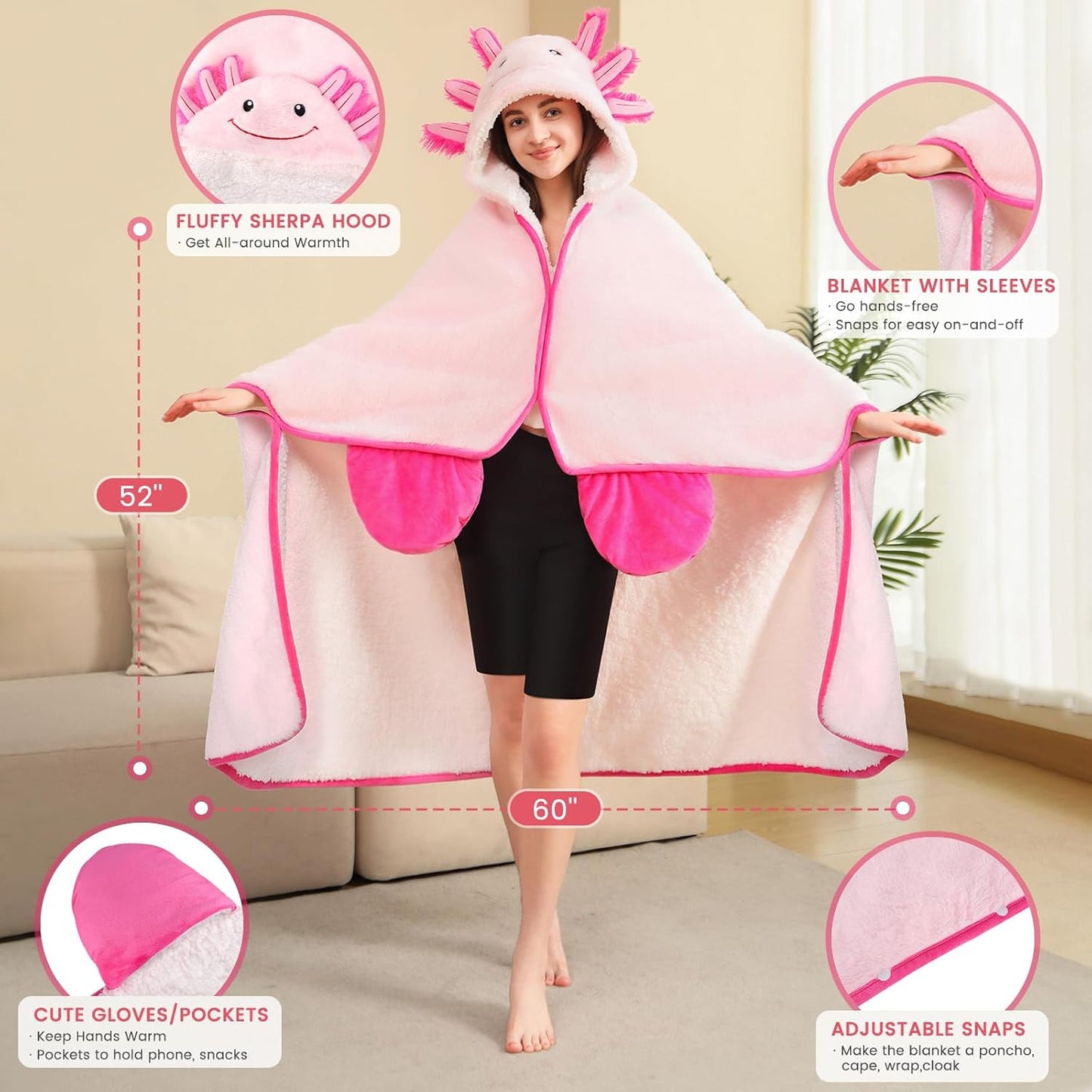 Axolotl Wearable Blanket Hoodie for Women & Kids, Premium Soft Thick Plush & Sherpa Fleece for Ultra Warmth, Pink Throw Wrap With Giant Hood, Easy Movement, Axolotl Gifts for Girls Adults, Oversized