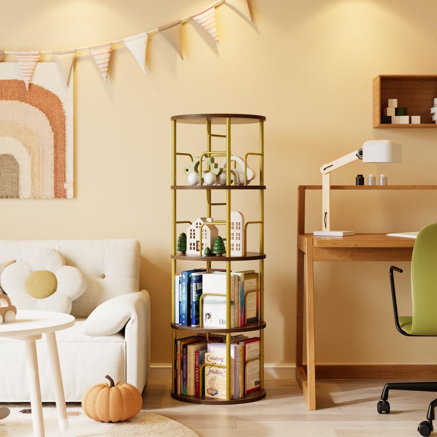 APPOLYN 4 Tier Rotating Bookshelf, 360 Display Spinning Corner Bookshelf, Space Saving Metal Frame Bookcase for Living Room, Office, Bedroom, Gold