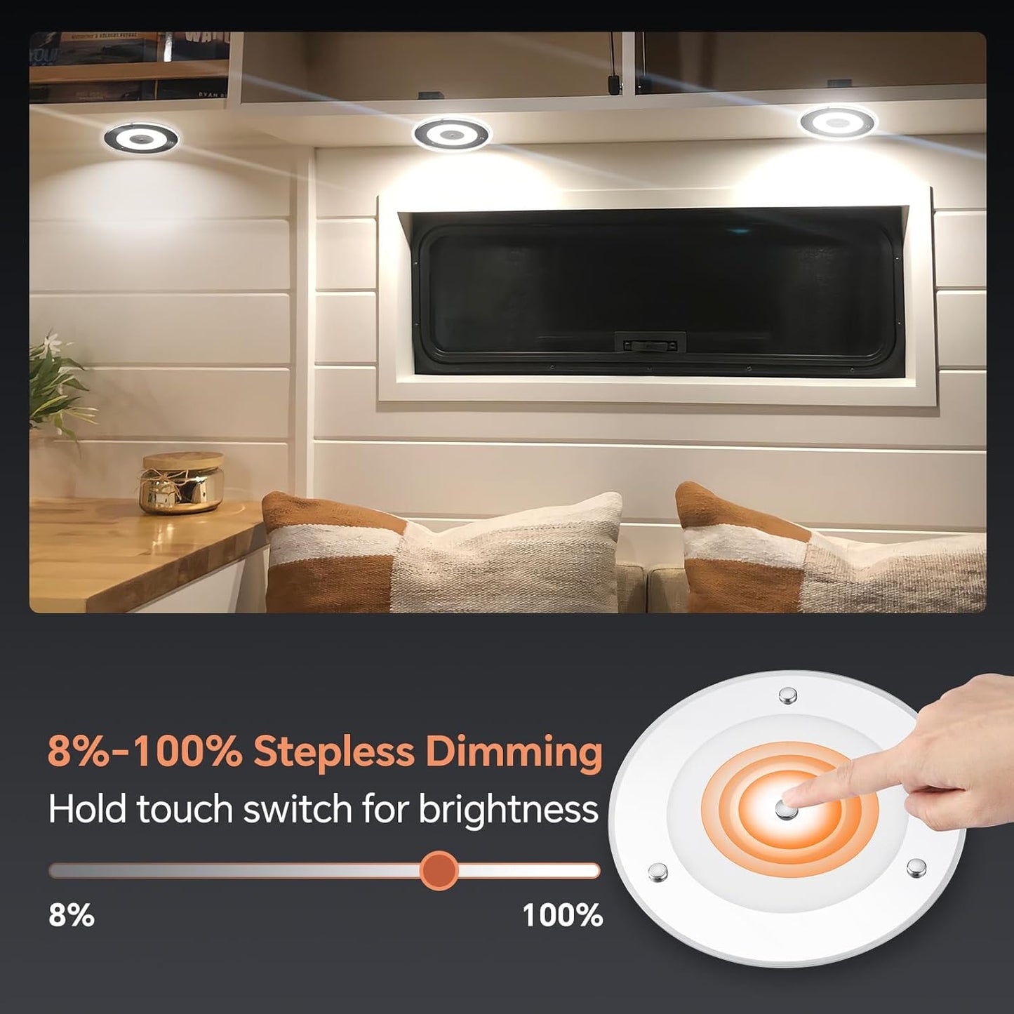 7.3 Inch 12 Volt LED Ceiling Dome Light, 720LM Dimmable Interior Light for RV Boat Camper Van Caravan Truck Motorhome Interior Lighting, Blue Light & Touch Switch(Cool White)