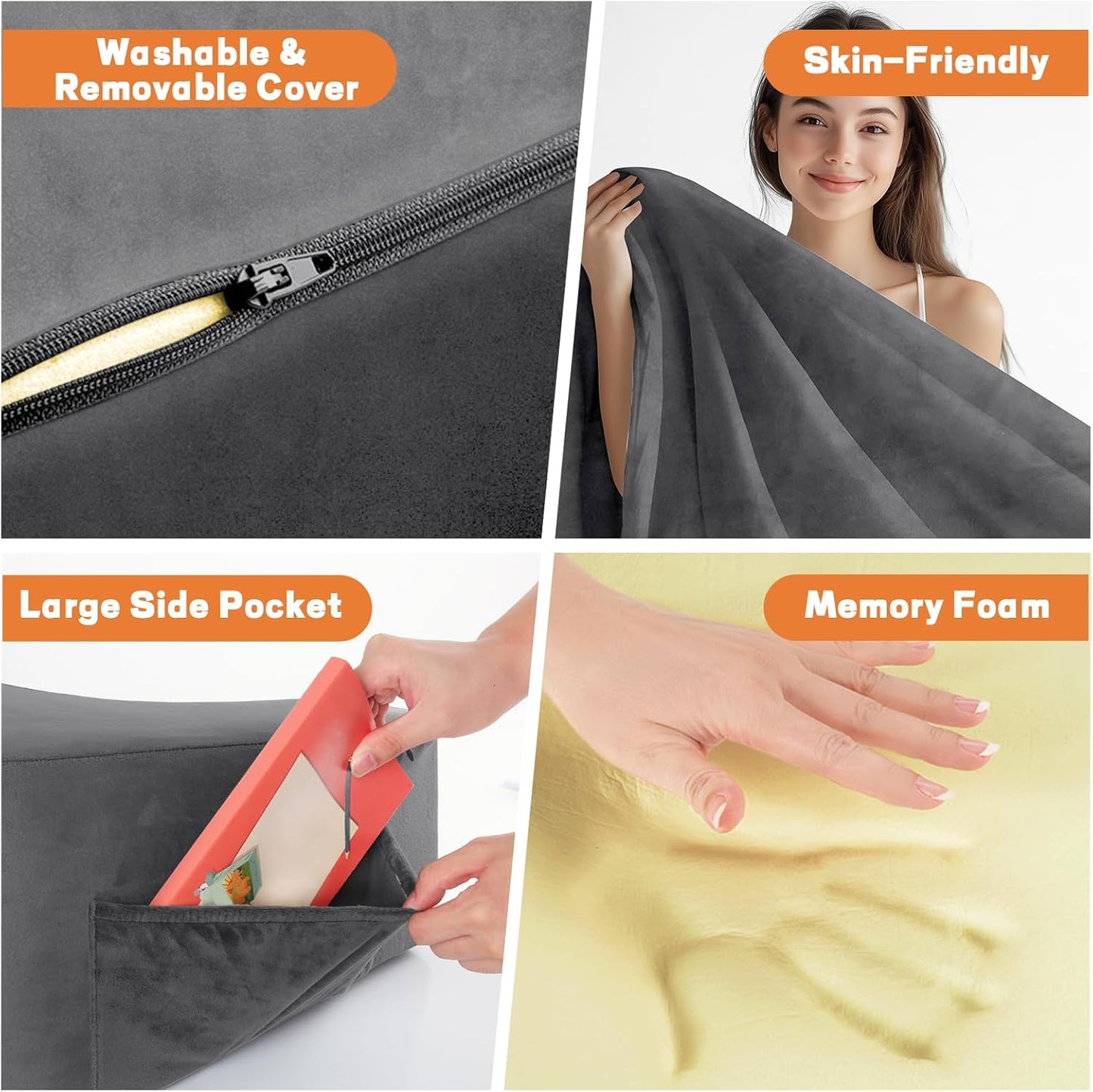 Reading Pillow for Sitting in Bed Adult Size, Back Pillow for Bed Sitting Up, Memory Foam Gaming Pillow, Lap Pillow with Triangular Pillow, Grey Bed Desk for Laptop and Writing/Gaming