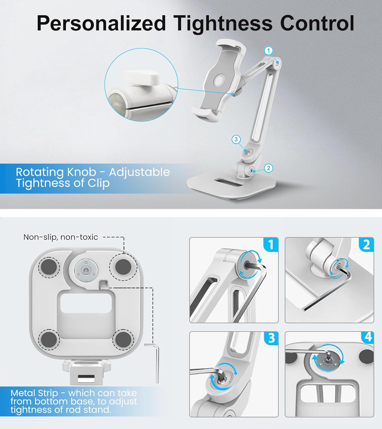 Adjustable Desk Tablet Stand, 360° Swivel iPad Kiosk Stand Fits for 4.7"-12" iPad Air mini Pro, iPhone, Samsung POS, Kindle, Aluminu Alloy Foldable Arm Holder for Store Kitchen Desktop, White