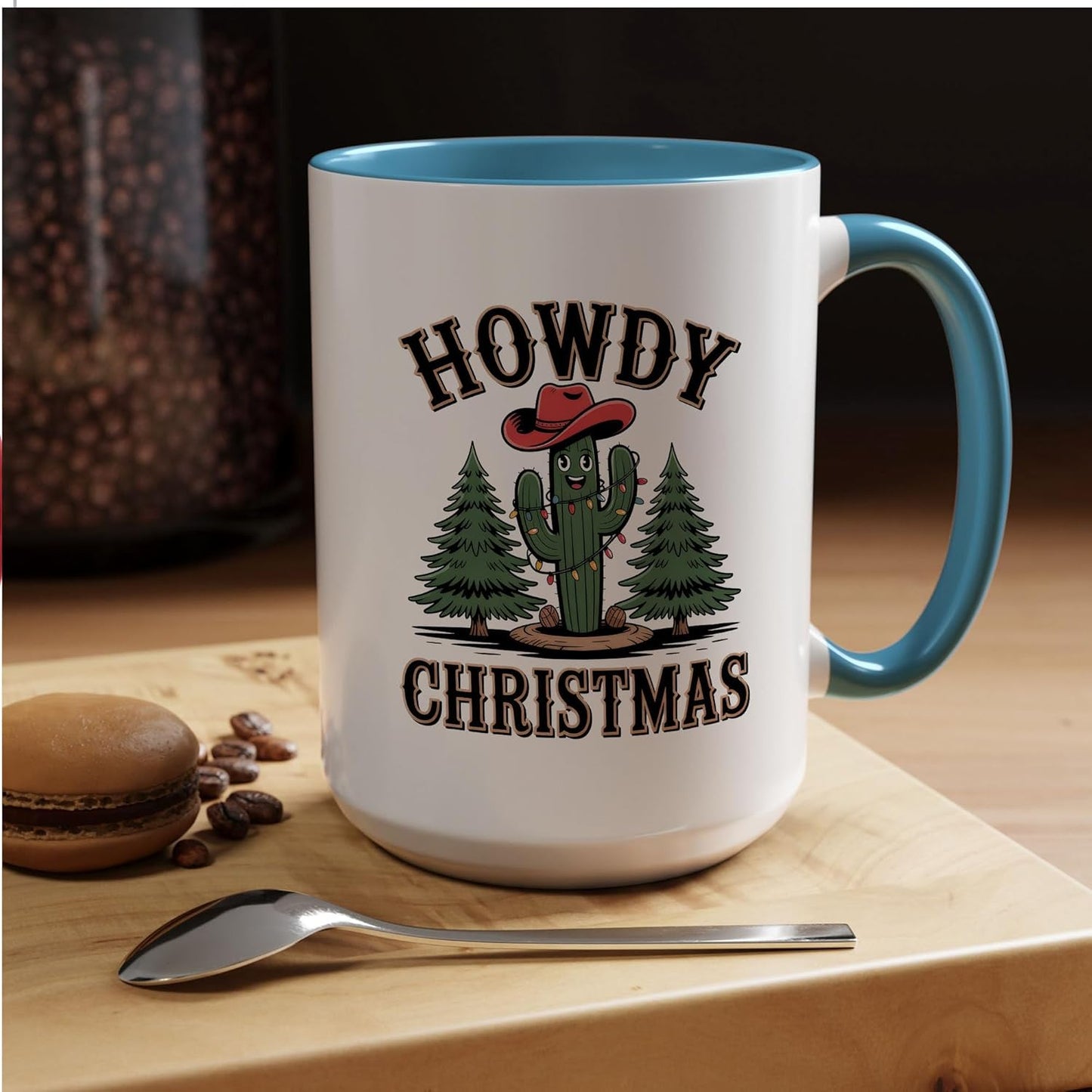 Rustic Howdy Christmas Western Cactus Two-Tone Accent Mugs, 11oz 15oz Drinking Cups, Kitchen Décor, Gifts For Book Lovers