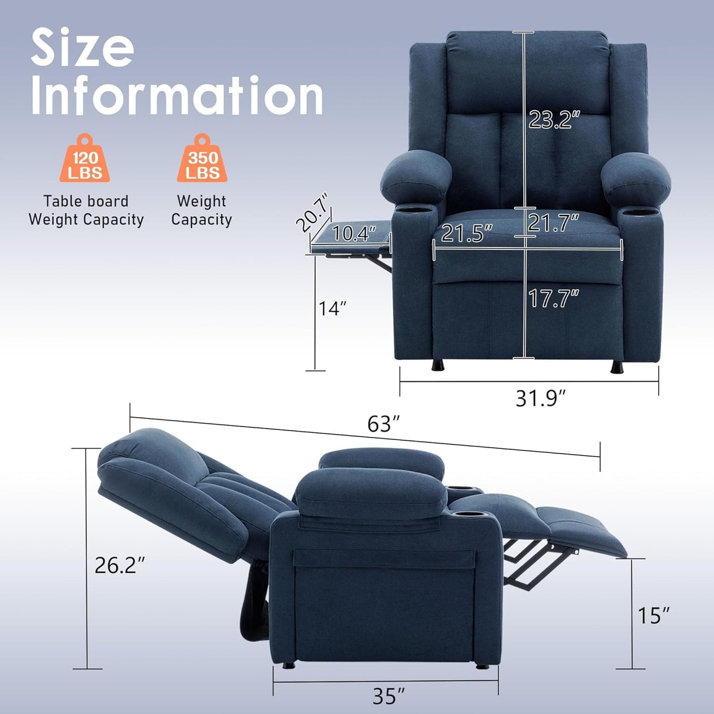 Power Reclining Sofa Chair with Heat and Massage Upholstered Heating Point Theater Seating Single Chairs with Side Pockets Sidetable for Home Furniture