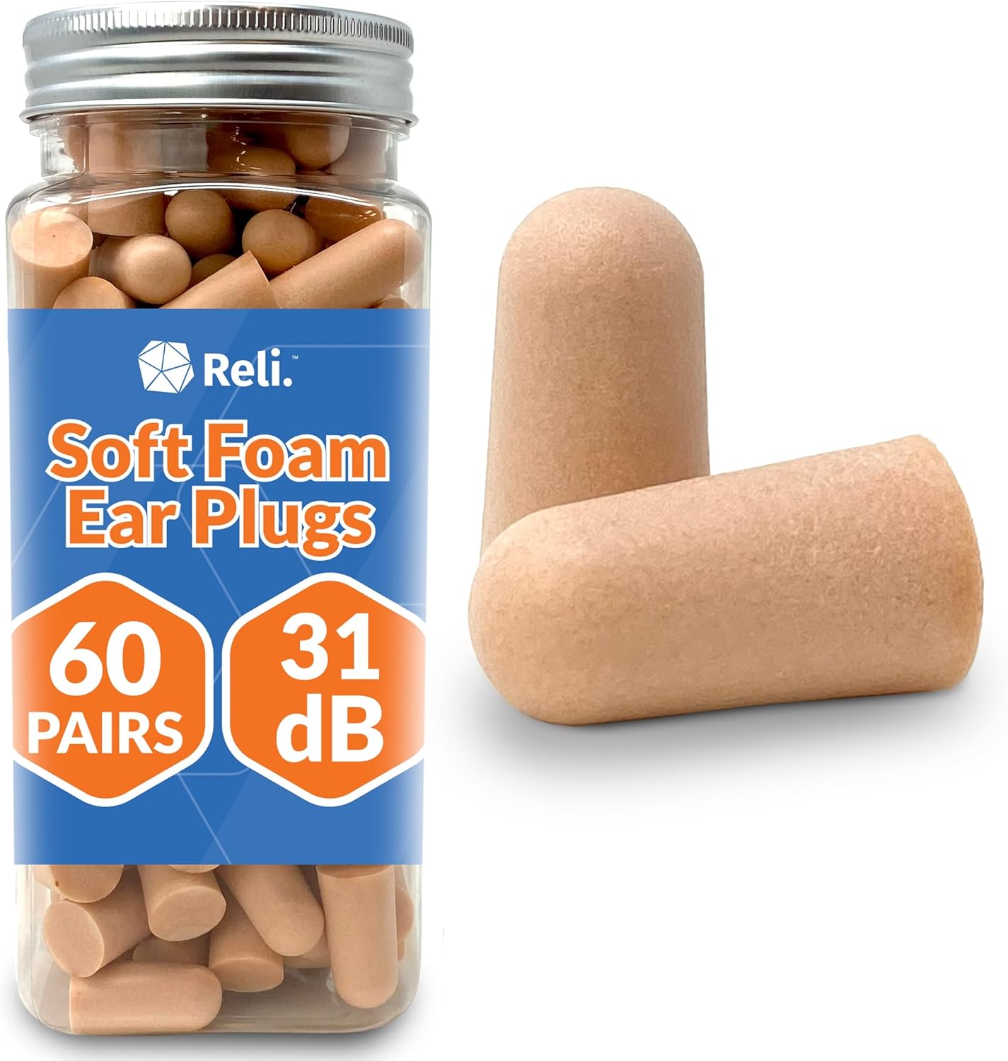 Reli. Foam Ear Plugs (60 Pairs) 31 dB NRR | Disposable Foam Ear Plugs for Sleeping Noise Cancelling | Blocks Loud Snoring, Concerts, Travel, Noise Reduction (Peach)