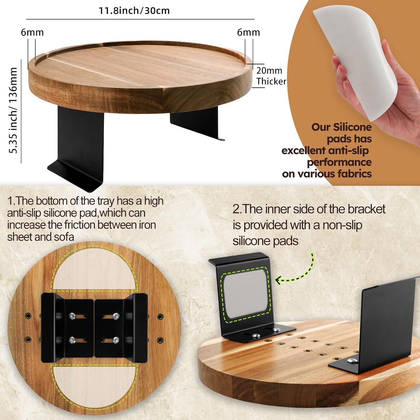 Acacia Wood Couch Arm Tray Table,11.8 Inch Adjustable Round Sofa Arm Tray,Wooden Armrest Table for Couches,Arm Chair Companion for Eating
