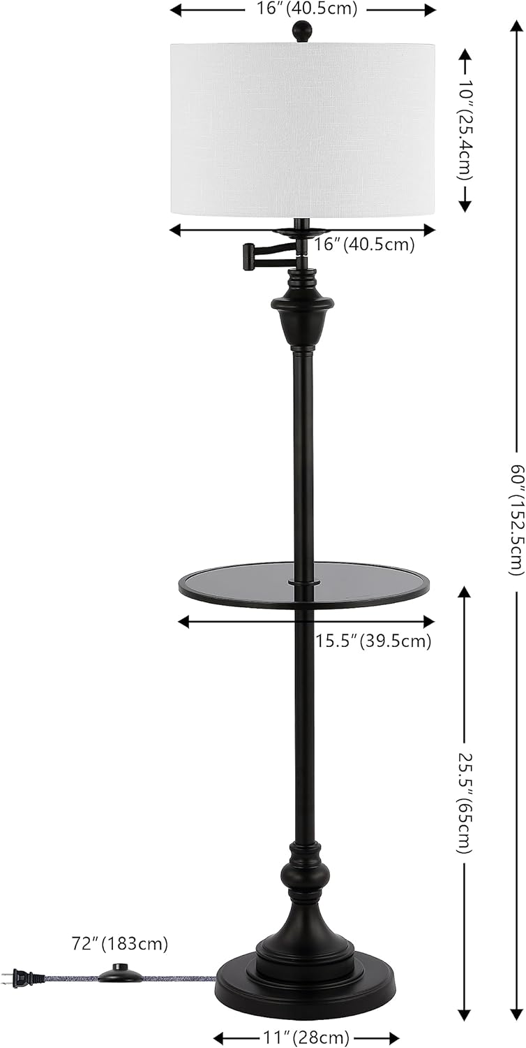JONATHAN Y 60" Black Floor Lamp with Integrated Glass Side Table, Modern Swing Arm Standing Lamp for Living Room, White Linen Shade, LED Bulb Included (JYL3055D)