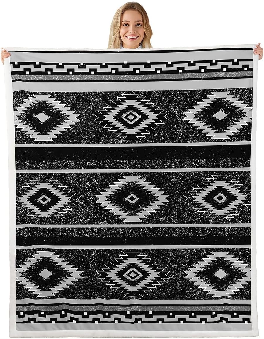 Feelyou Southwest Native American Design Sherpa Blanket Plush Fuzzy Southwestern Geometric Fleece Throw Blanket Throw 50"x60" Black Gray Boho Women Men Tribal Room Decor Soft