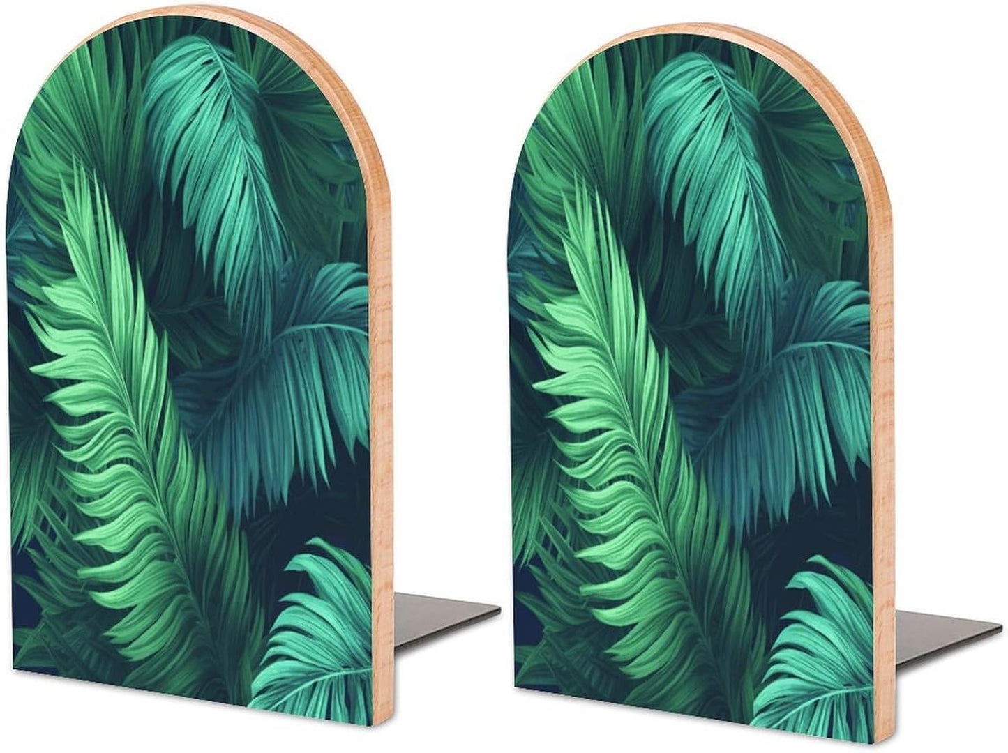 Tropical Palm Leaves Bookend for Shelves Wooden Book End Large Size Sturdy Book Holders Stoppers with Metal Base for Bookshelves Slick Decorative Bookends Stands