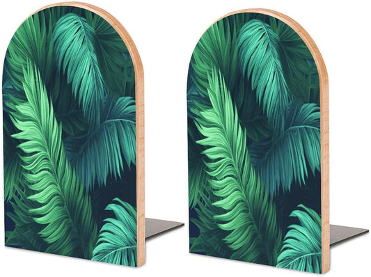 Tropical Palm Leaves Bookend for Shelves Wooden Book End Large Size Sturdy Book Holders Stoppers with Metal Base for Bookshelves Slick Decorative Bookends Stands