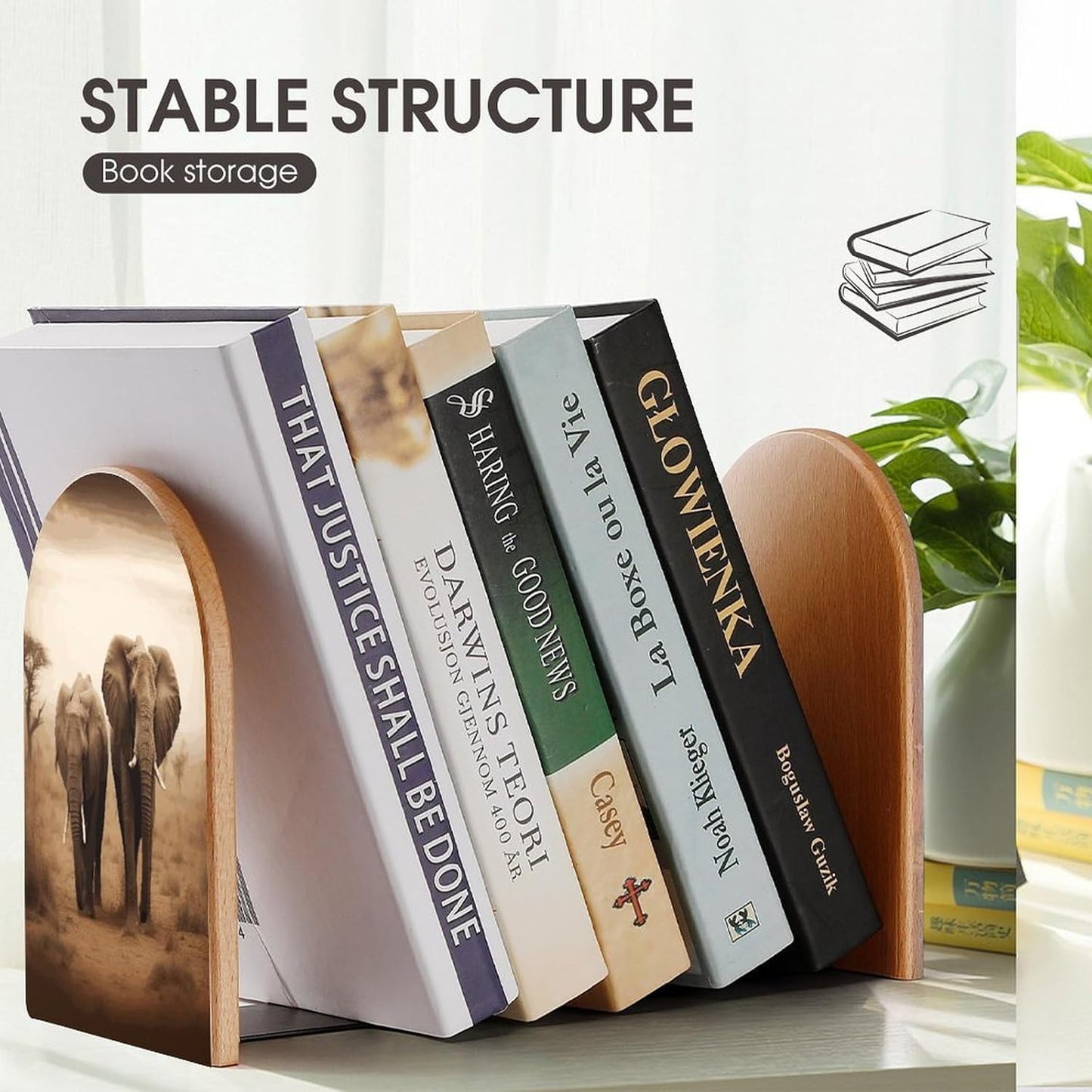 Wild Animals Elephants Bookend for Shelves Wooden Book End Large Size Sturdy Book Holders Stoppers with Metal Base for Bookshelves Slick Decorative Bookends Stands