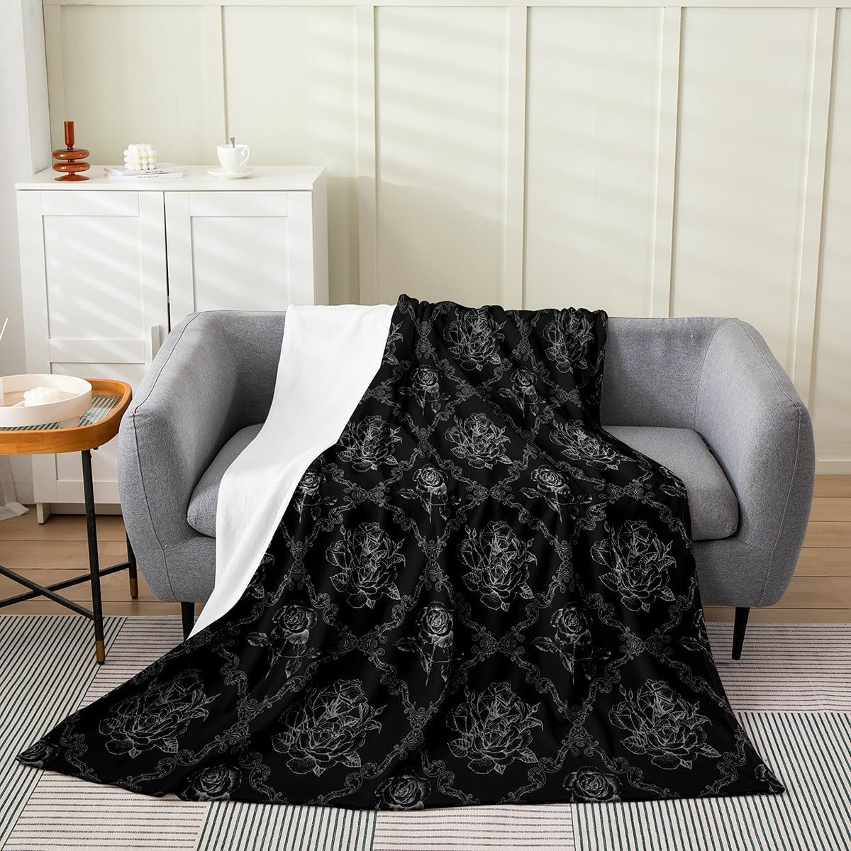 Feelyou Adults Gothic Fleece Throw Blanket Throw 50"x60" Vintage Rose Plush Blanket for Sofa Couch Black White Damask Fuzzy Blanket Luxury Floral Flower Fuzzy Blanket Room Decorations