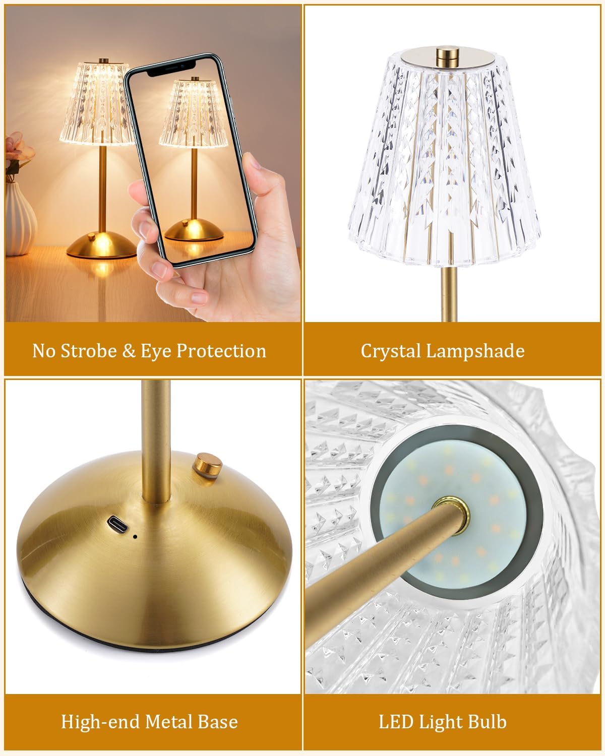 Cordless Touch Table Lamp, 3500mAh LED Rechargeable Small Dask Lamp, 3 Colors Dimmable Battery Operated Crysta Lamp for Bedroom Restaurant Kitchen Home Decor, Gold