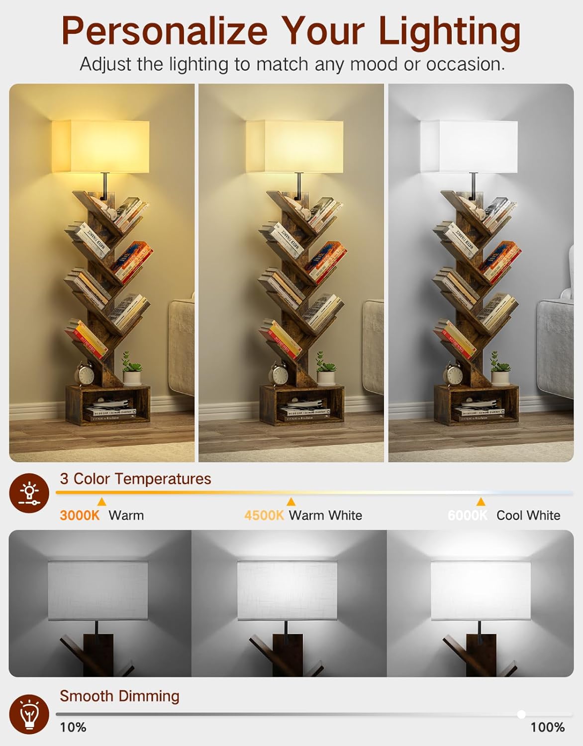 6 Tier Tree Bookshelf with Light, Remote & Timer, Modern Tall Floor Standing Book Shelf, Narrow Wood Bookcase, Small Book Organizer Shelves for Living Room, Bedroom, Office (Rustic Brown)