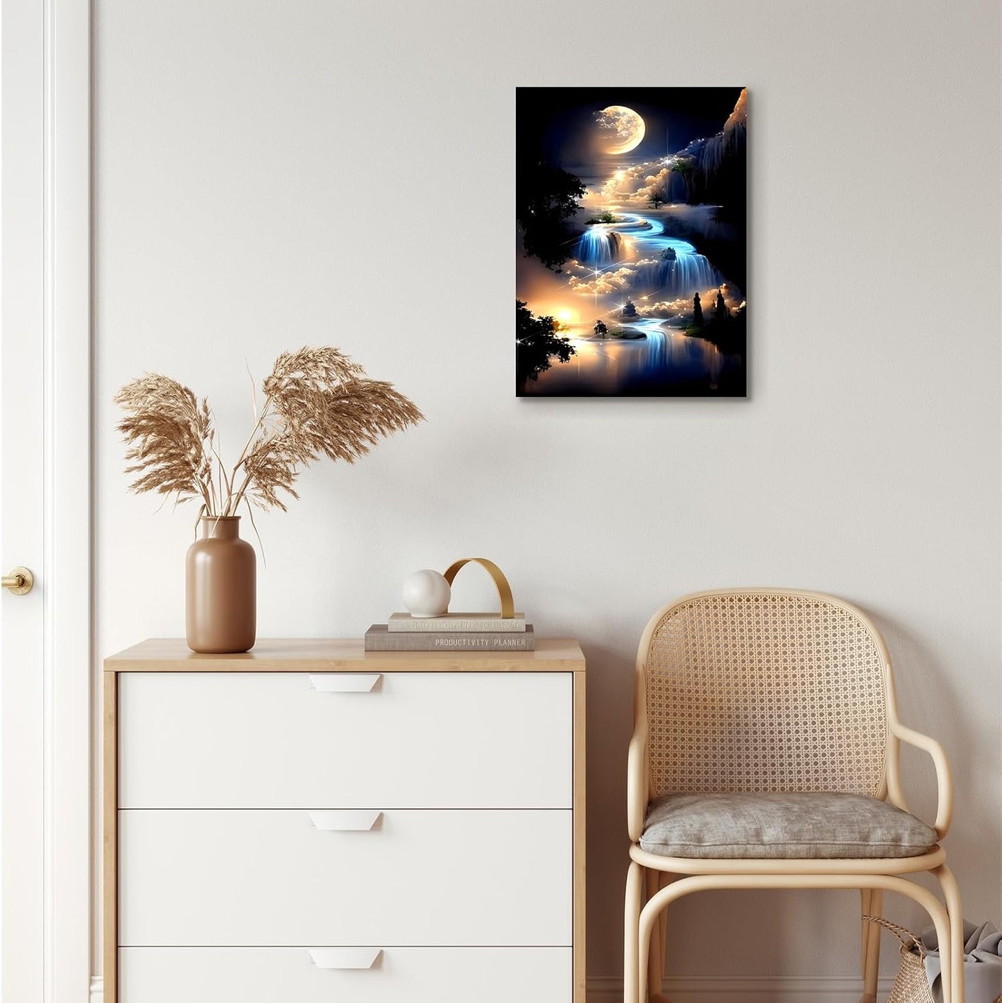 Wall Art Framed Canvas Wall Art Landscape Moonlight Waterfall Artwork for Bedroom Living Room Wall Decor Pictures Decor Room Decor 12x16 Inch