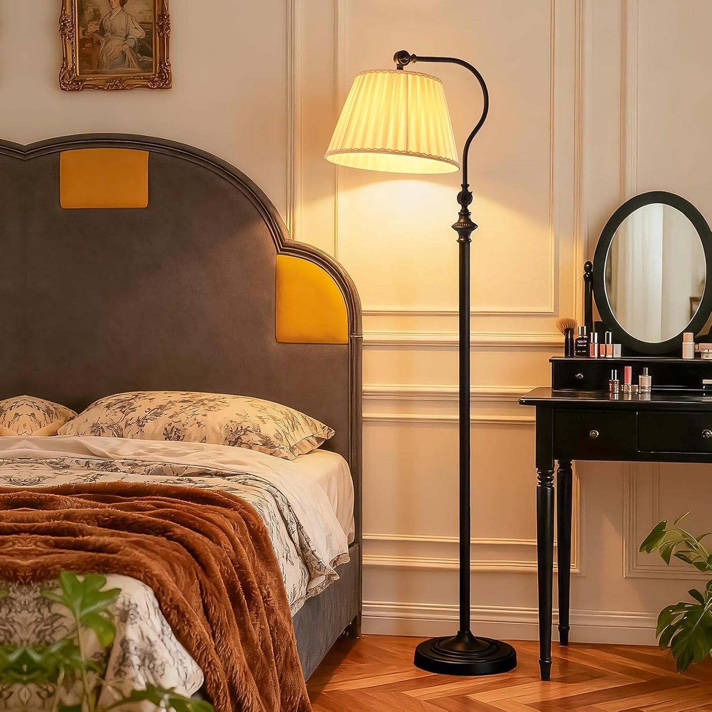 Floor Lamp with Fabric Shade,12W Smart Remote and Bluetooth Dimmable, Standing Lamps for Living Room Corner Bedroom Bedside Farmhouse Office,Modern Rustic Vintage Tall Reading Light