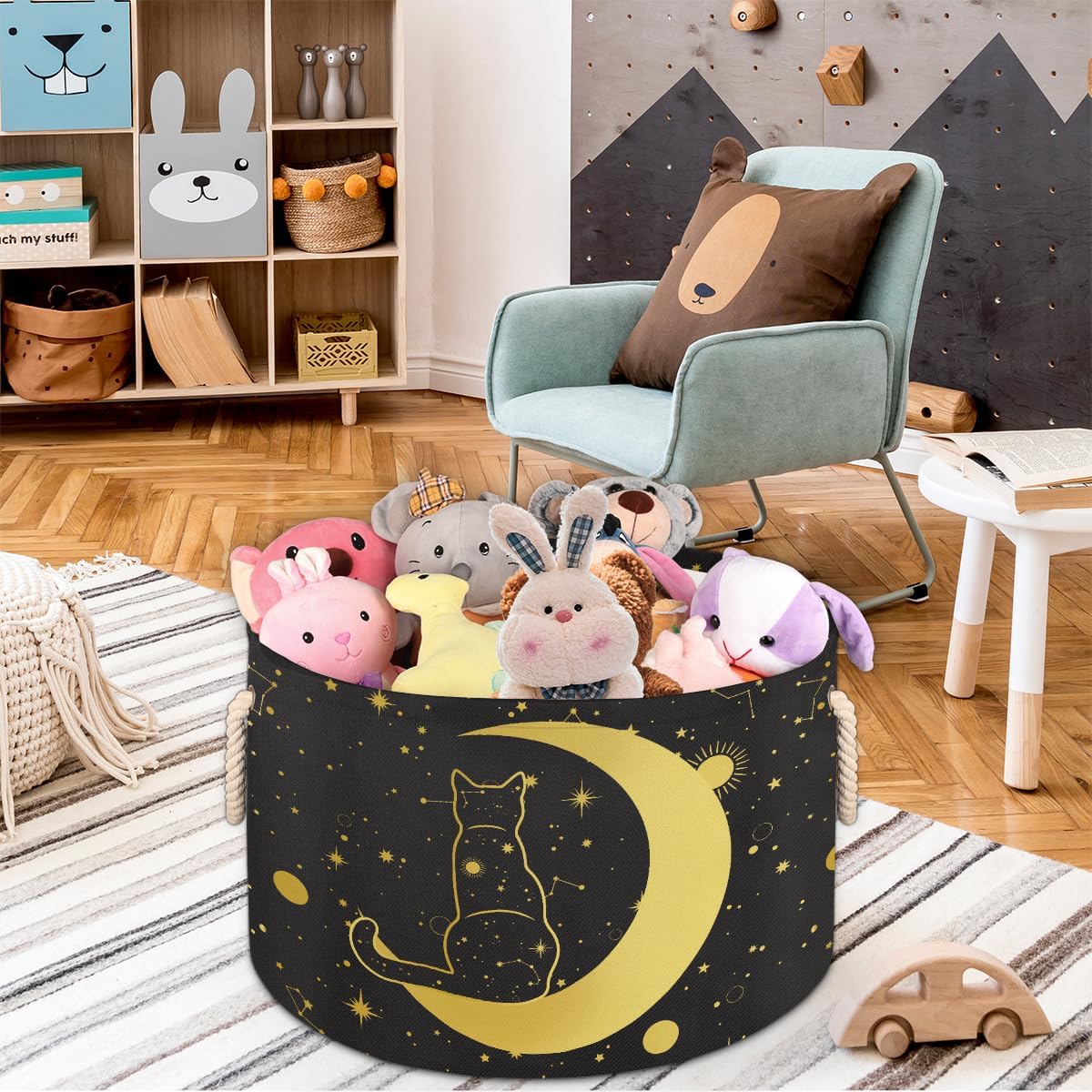 Storage Baskets - Moon Large Nursery Organizer Bin Box with Handles Collapsible Round Black Cat Laundry Hamper for Kids Boy Toys Pet Blanket, Bedroom Living Room Home Decor Gift Basket (19.4"x13.3")