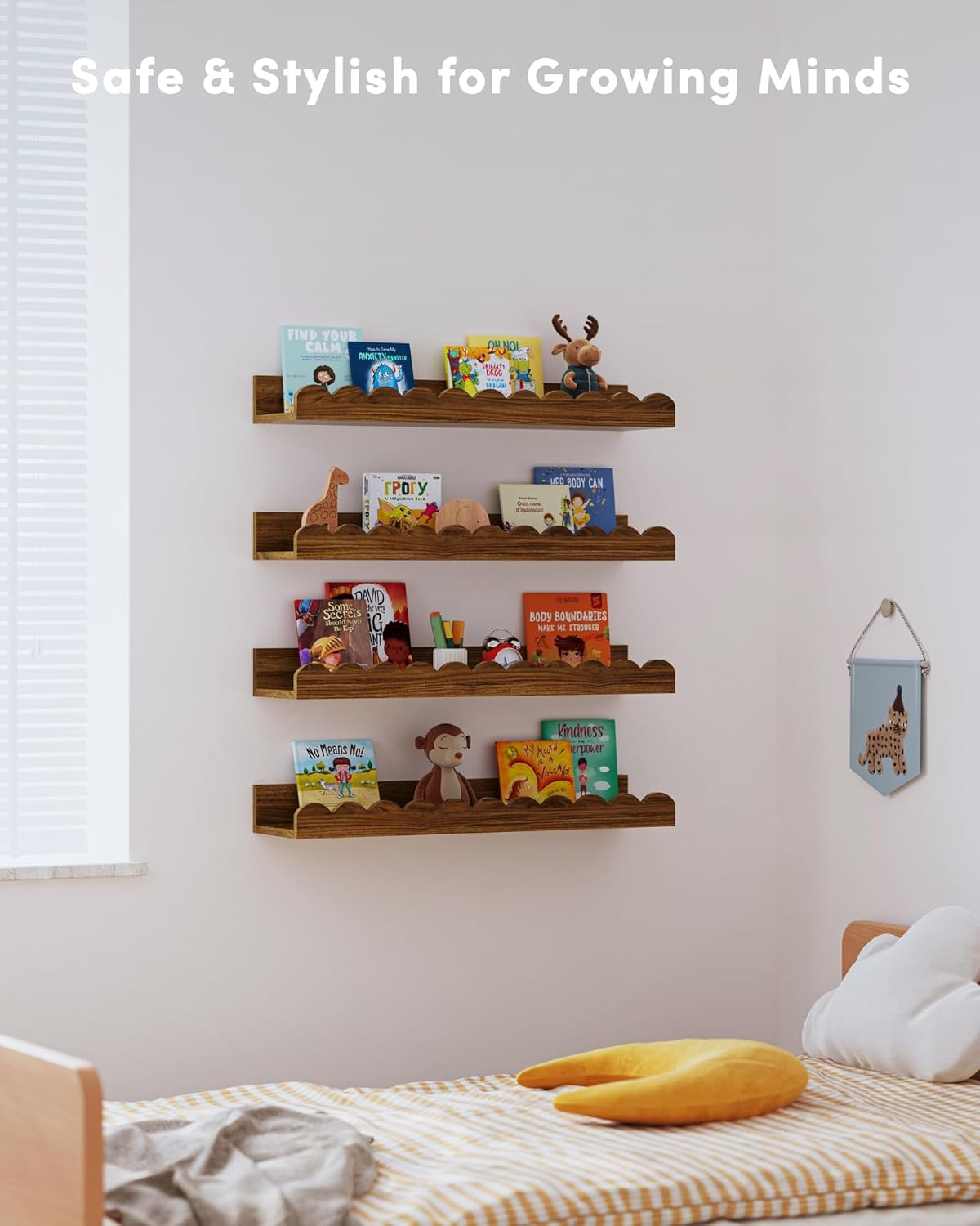 Scalloped Wall Bookshelves for Nursery, Floating Wooden Book Shelves for Kids Room, White Nursery Shelves for Wall, Baby & Toddler Room Decor