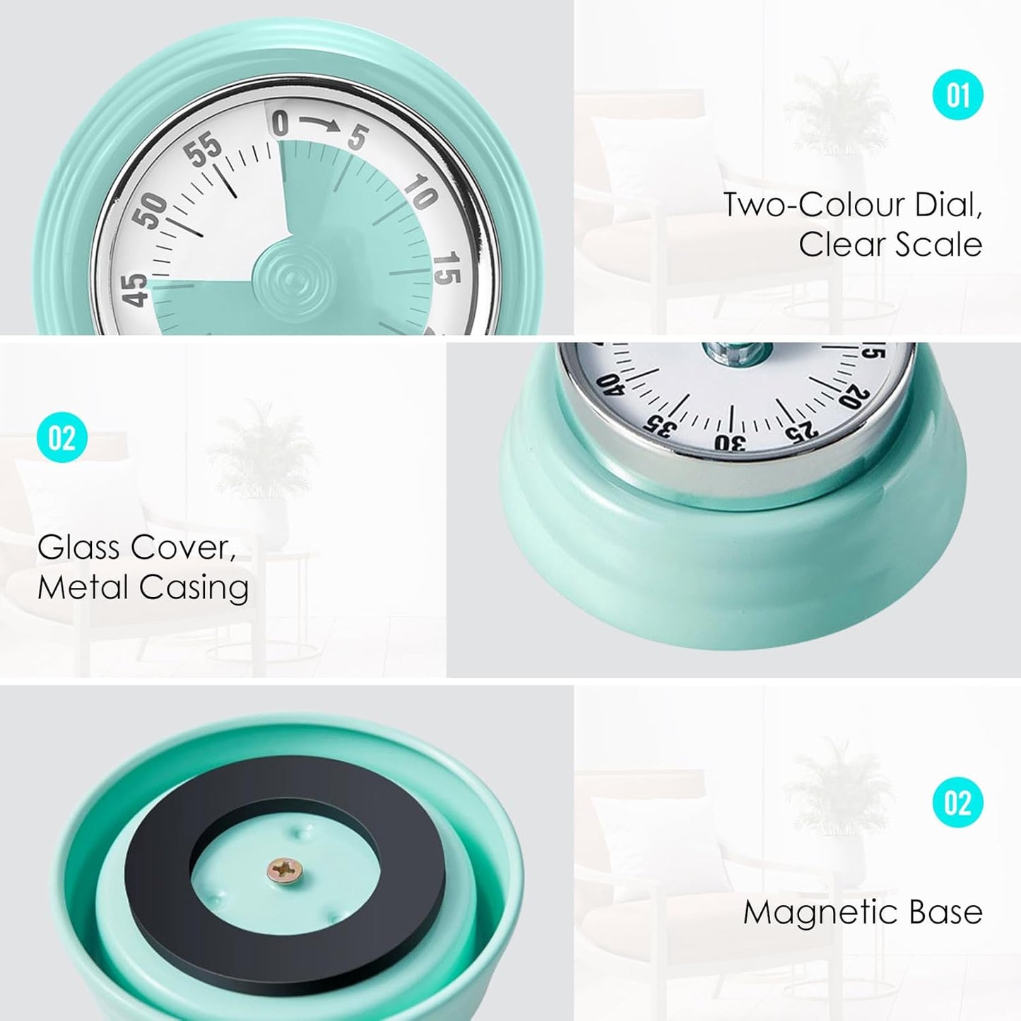 Visual Timer, Teeloray 60-Minute Countdown Timer, Kitchen Timer with Magnetic Base, Mechanical Clockwork, Ringer Alert, Time Management Tool for Children and Adults, Study/Work/Cooking (Mint Green)