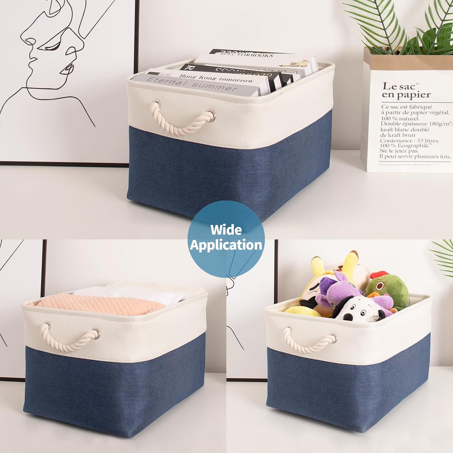 HOdo Home 3PCS Storage Bins, Fabric Bin with Drawstring Closure and 2 Bold Handles, Collapsible Large Canvas Baskets for Organizing Shelf Nursery Home Closet (15.8×11.8×9.5 In, White and Navy)
