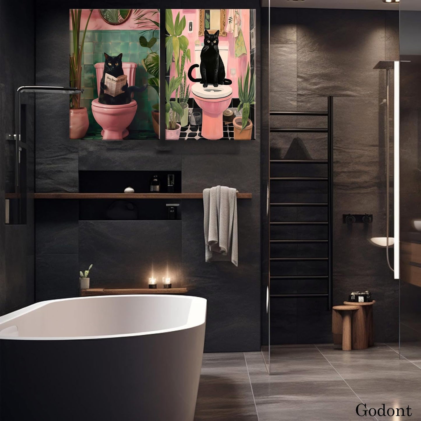 Godont Funny Cat Bathroom Wall Art.Cute Black Cat Wall Decor Paintings, Whimsical Animal Reading Newspaper on The Toilet Poster Canvas Prints Aesthetic Picture 12x16x2 inch Unframed