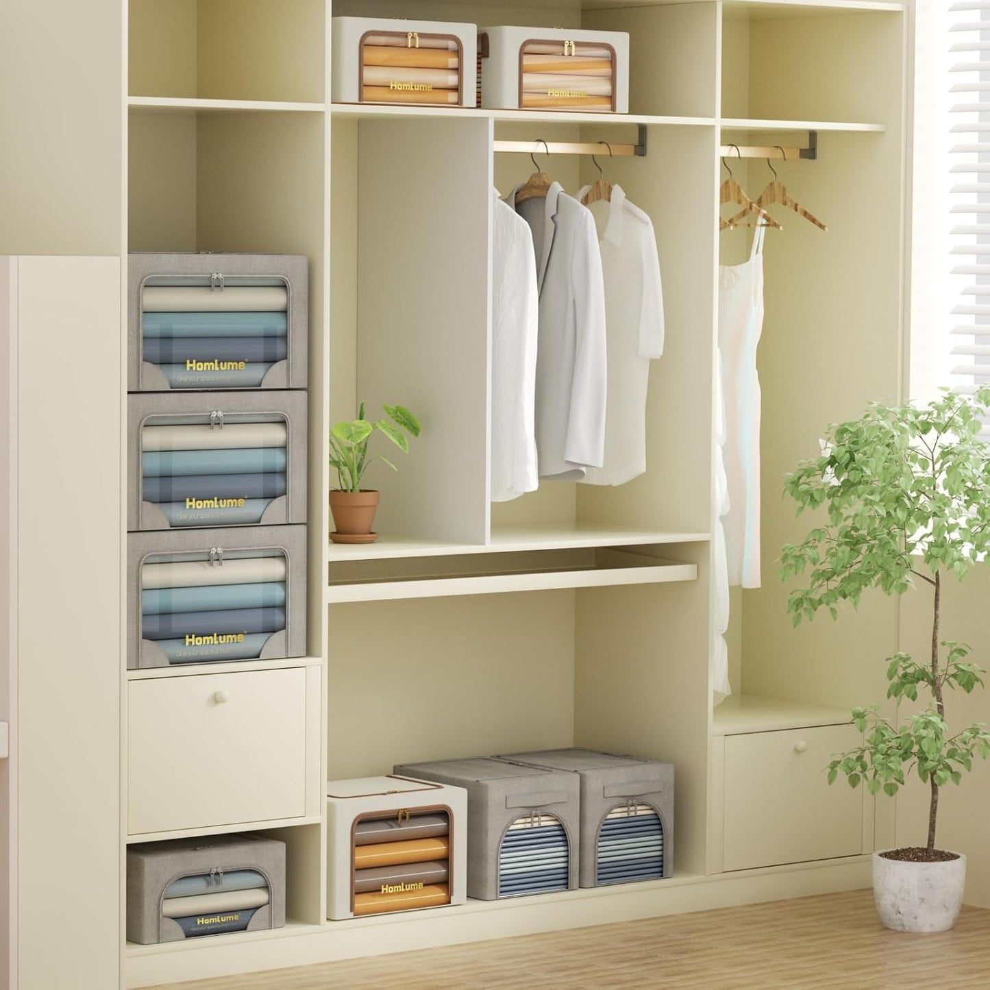 3 Packs Storage Boxes for Clothes Collapsible Storage Bins with Cedar Wood Piece, Linen with Metal Supports and Durable Handles Metal Storage box,Clear Window with Zippers (Light Grey,70L)