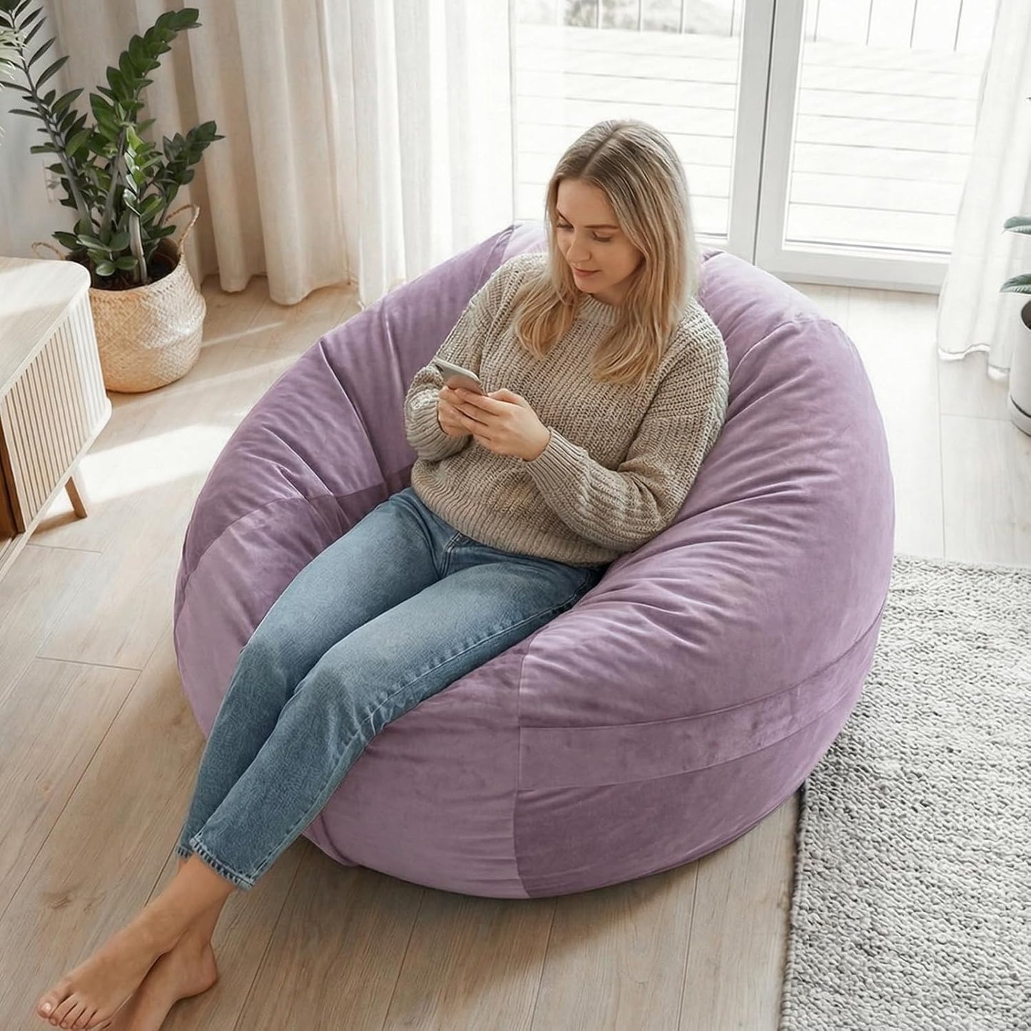 YuppieLife 4FT Bean Bag Chair, Foam Filled Bean Bags with Comfy Dutch Velvet & Machine Washable Cover, Adults BeanBag for Livingroom Bedroom, Purple