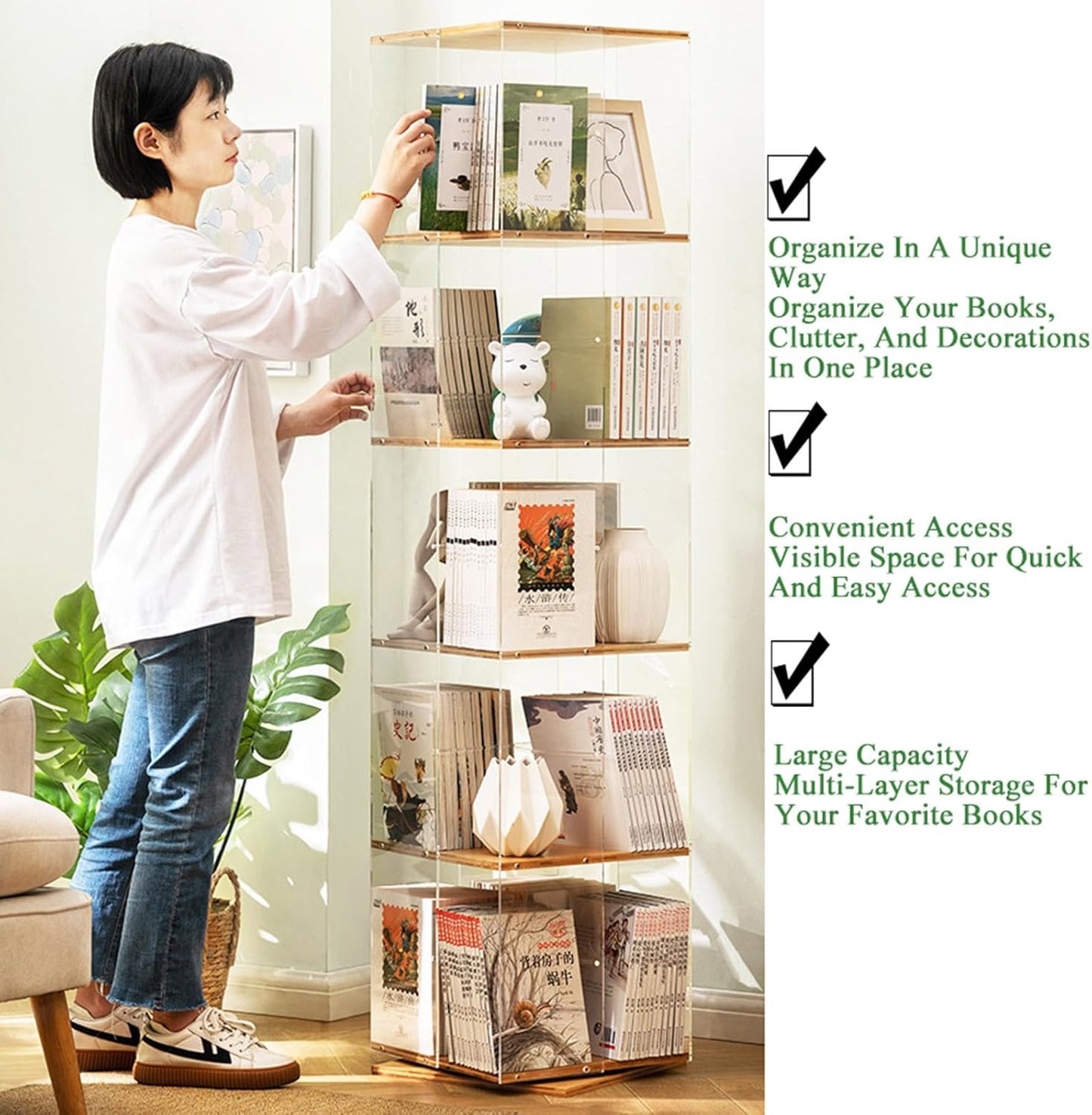 360° Rotating Bookshelf, 3/4 Tiers Tall Acrylic Bamboo Corner Bookcase, Modern Floor Standing Organizer for Living Room & Bedroom - Stylish Storage Solution